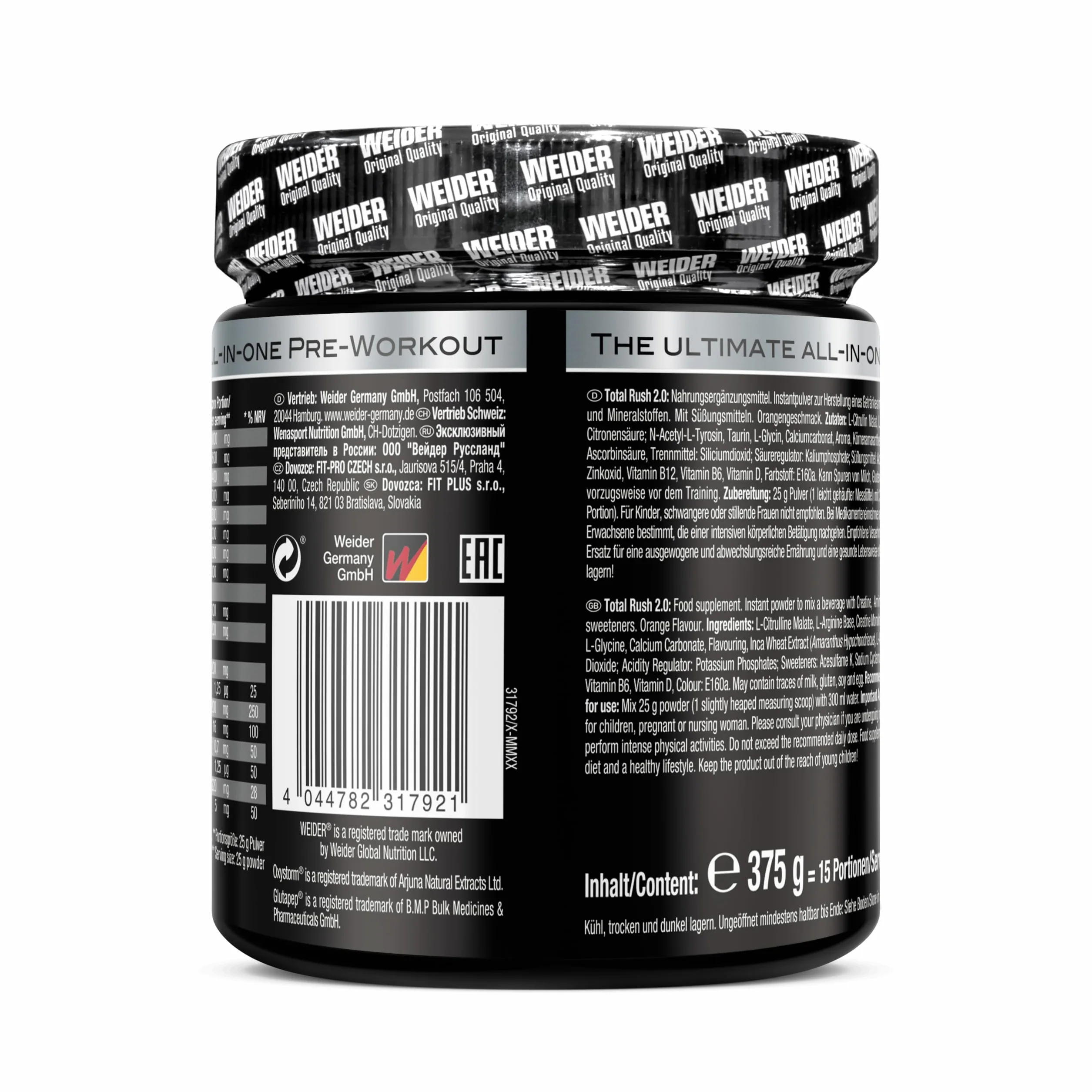 Weider Total Rush 2.0 375 g Przedtreningówka L-Cytrulina L-Arginina Kofeina Kreatyna Pomarańczowy