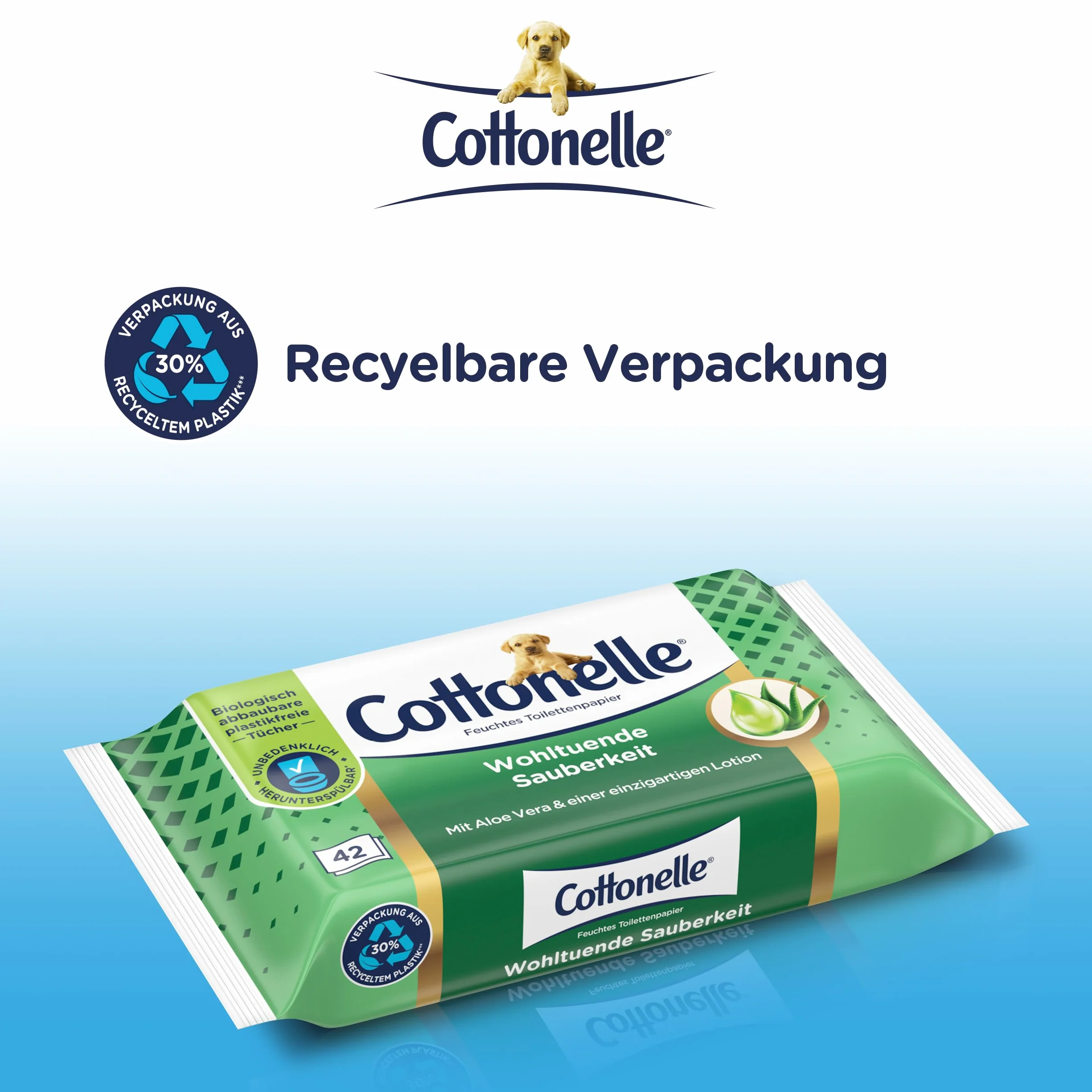 Cottonelle Wilgotny papier toaletowy, kojąca czystość, z balsamem prebiotycznym, biodegradowalny, 12 x 42 chusteczki nawilżane