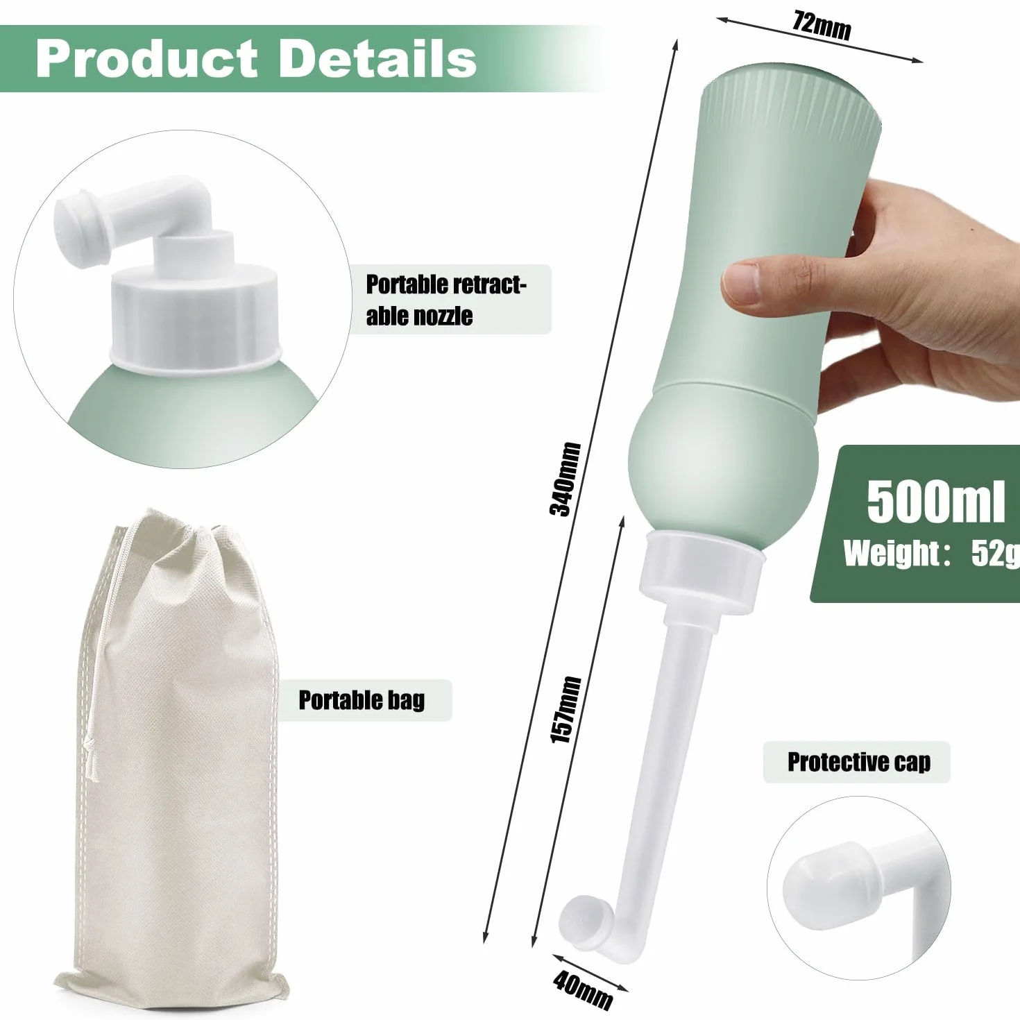 Prysznic 500 ml z etui podróżnym, wysuwany, przenośny bidet do podróży i domu – zastępuje wilgotne chusteczki, oszczędza papier toaletowy, higieniczny prysznic intymny Podusche dla kobiet w połogu