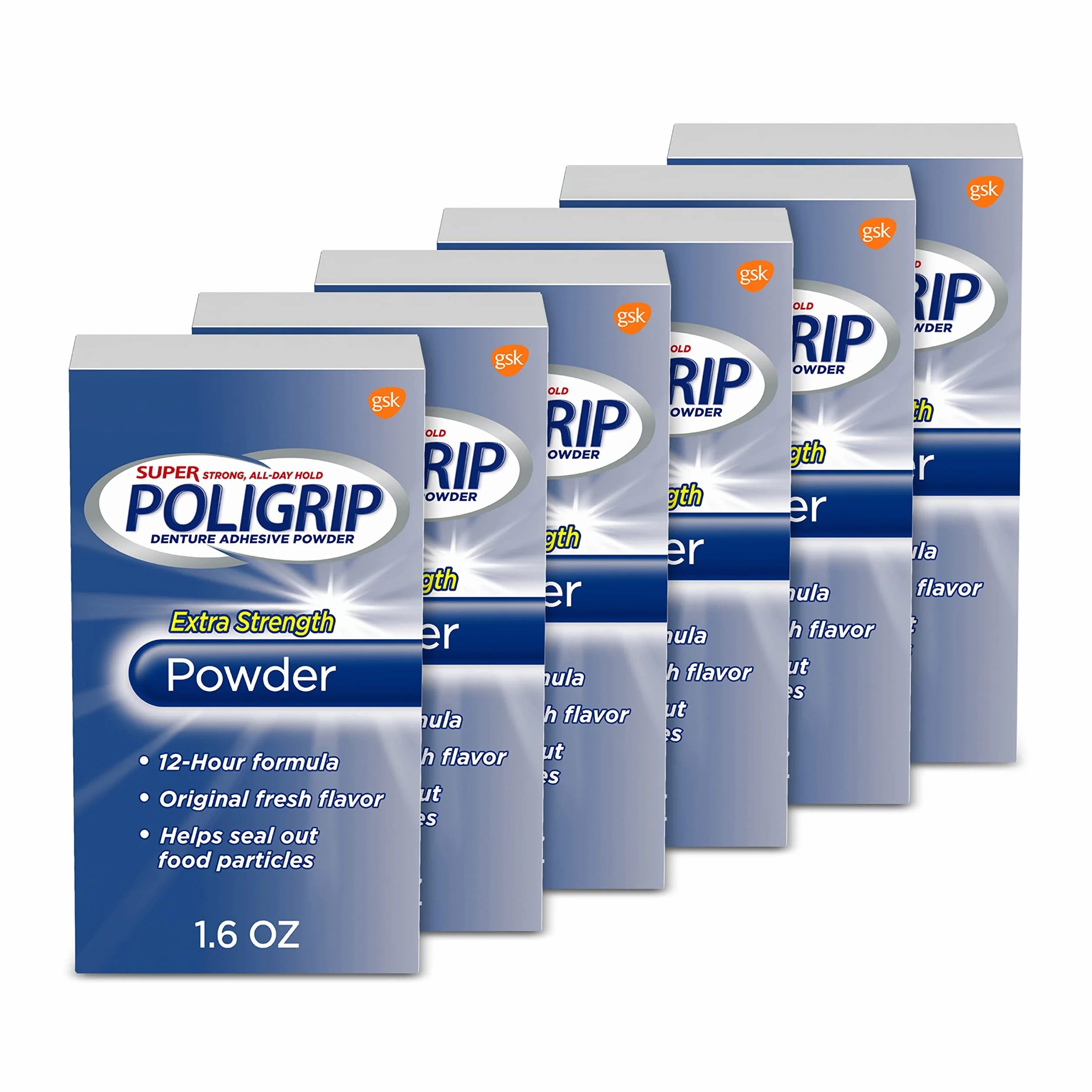 Poligrip Super Extra Strength Proteza i częściowy klej w proszku, 45 g, opakowanie 6 szt