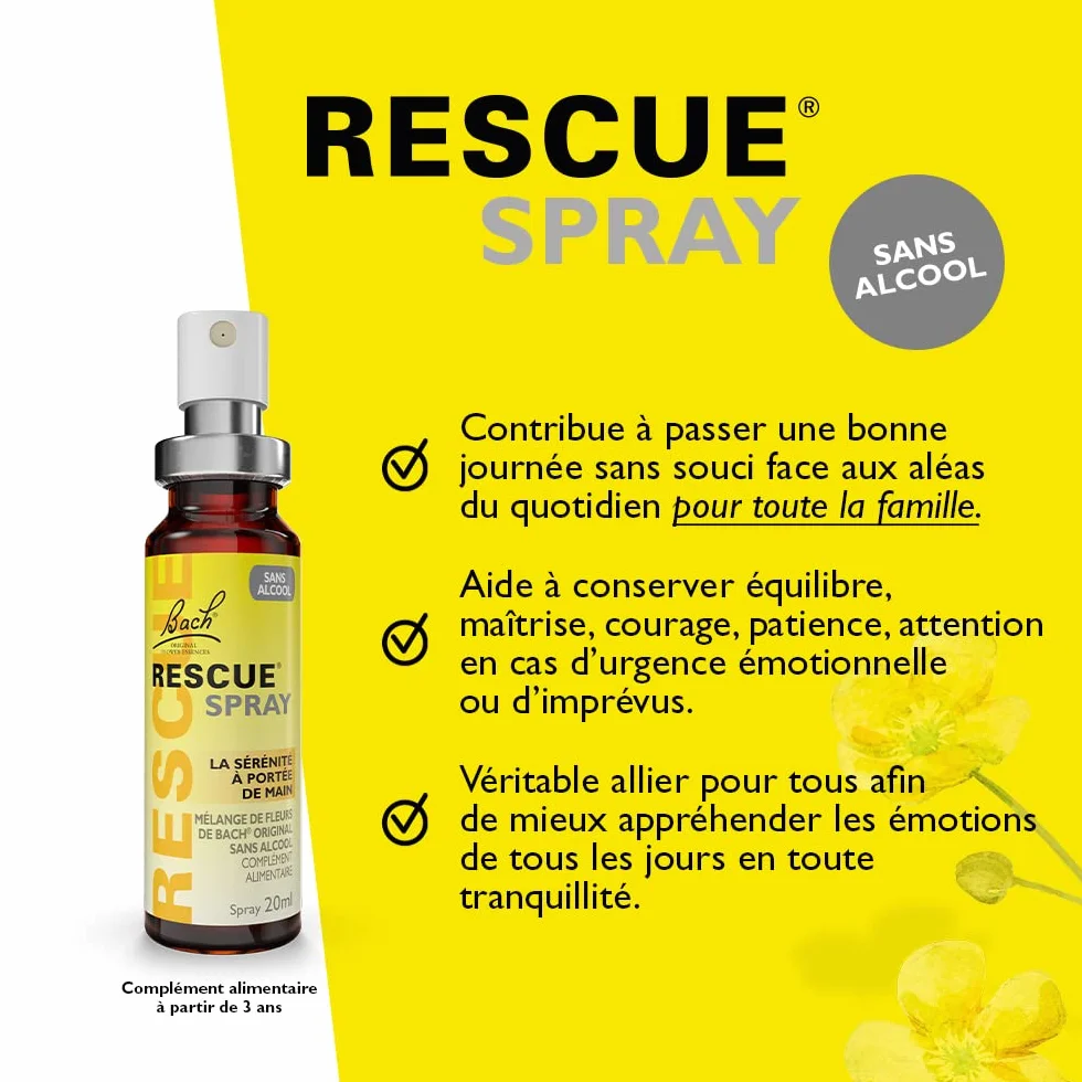 RESCUE - Bezalkoholowy spray Naturalne samopoczucie emocjonalne - Mieszanka 5 oryginalnych kwiatów Bacha - Idealny na codzienne stresy: podróże, egzaminy, spotkania, pracowity dzień - 20 ml