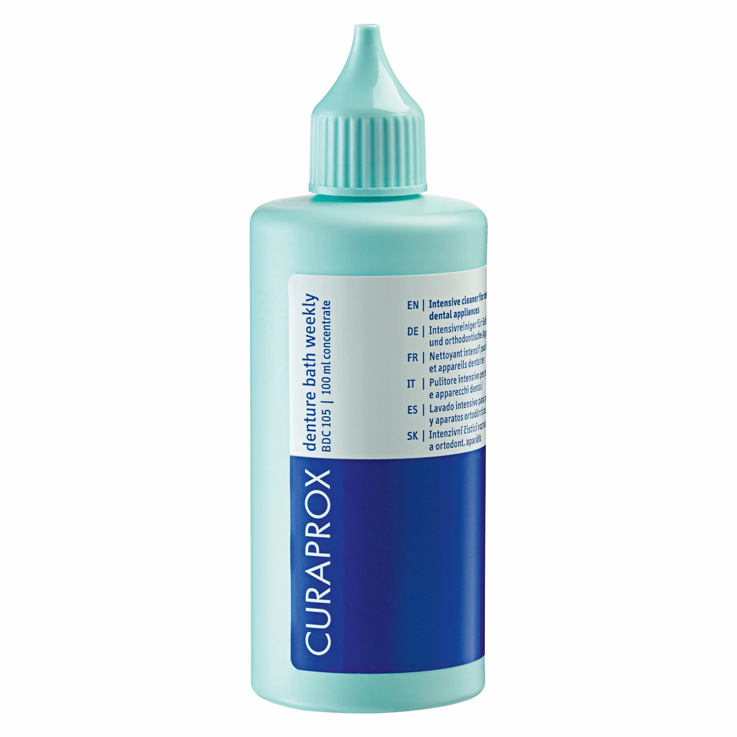 Curaprox BDC 105 Cotygodniowe czyszczenie 100ml Koncentrat-do protez i uchwytów/delikatna formuła z kwasem cytrynowym i olejem eukaliptusowym/zaprojektowany w Szwajcarii