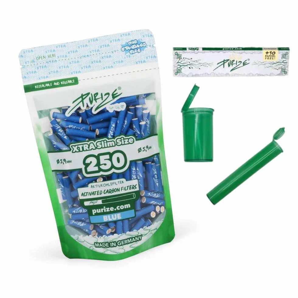 PURIZE 250 sztuk filtrów z węglem aktywnym Xtra Slim Size 6 mm (5,9 mm) z 2 ceramicznymi nakładkami, w zestawie joint tube, puszeczki Popup, papier i naklejki (niebieskie)