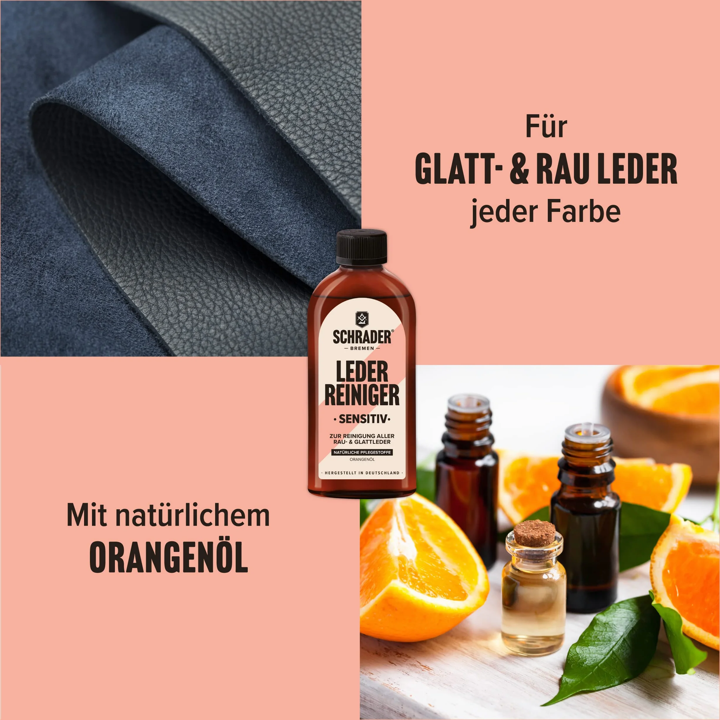 SCHRADER 3-częściowy zestaw do pielęgnacji skóry – środek do czyszczenia, balsamu i ściereczki do polerowania – neutralny kolor – meble skórzane i odzież skórzana, 3-częściowy – Made in Germany