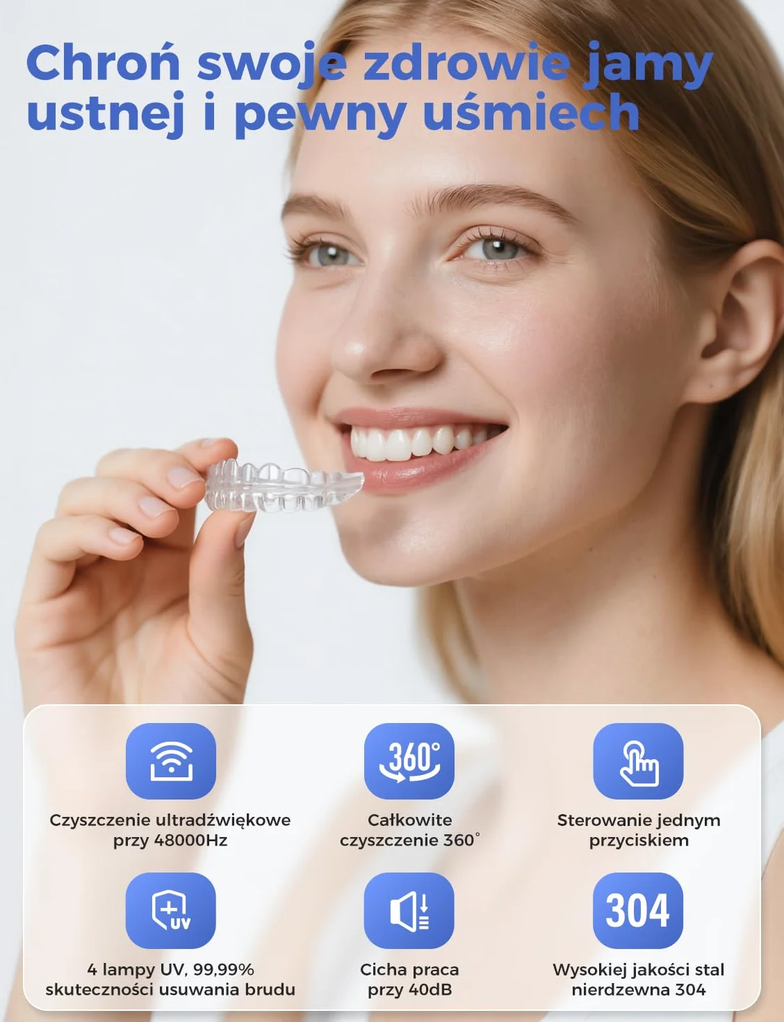 Myjka Ultradźwiękowa 48000HZ, Ultrasonic Retainers Cleaner 200ML z Lampą UV, 24W Urządzenie Do Czyszczenia Ultradźwiękowego do Protez Zębowych/Aparatów Ortodontycznych/Nakładek Invisalign