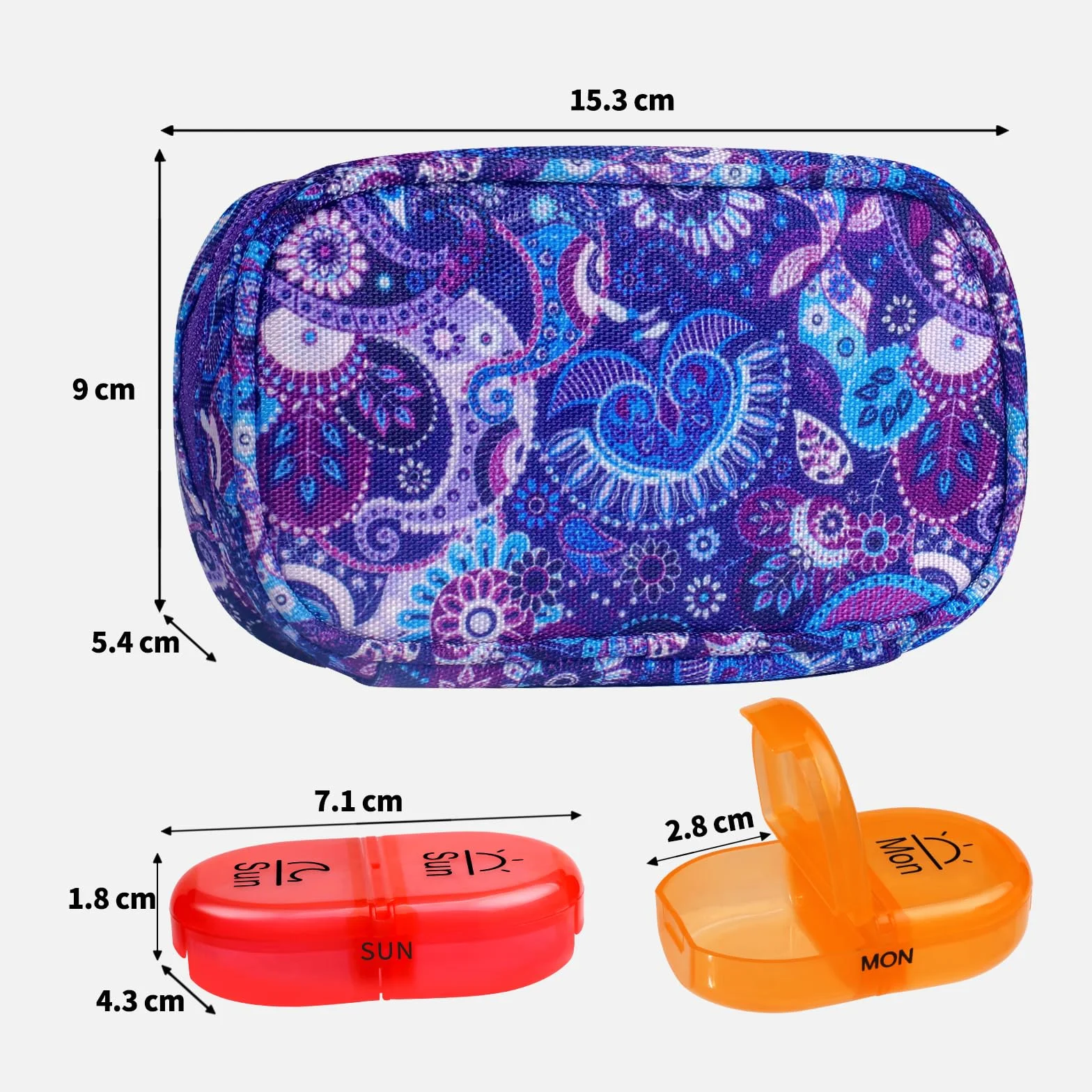 Serfeymi Organizer na Tabletki na 7 Dni, 2 Razy Dziennie Rano i Wieczorem Tęczowe Pojemnik na Leki z Przenośnym etui na Płótno Zamek Błyskawiczny Idealny na Tabletki, Olej Rybny, Witaminy-Fioletowy 01