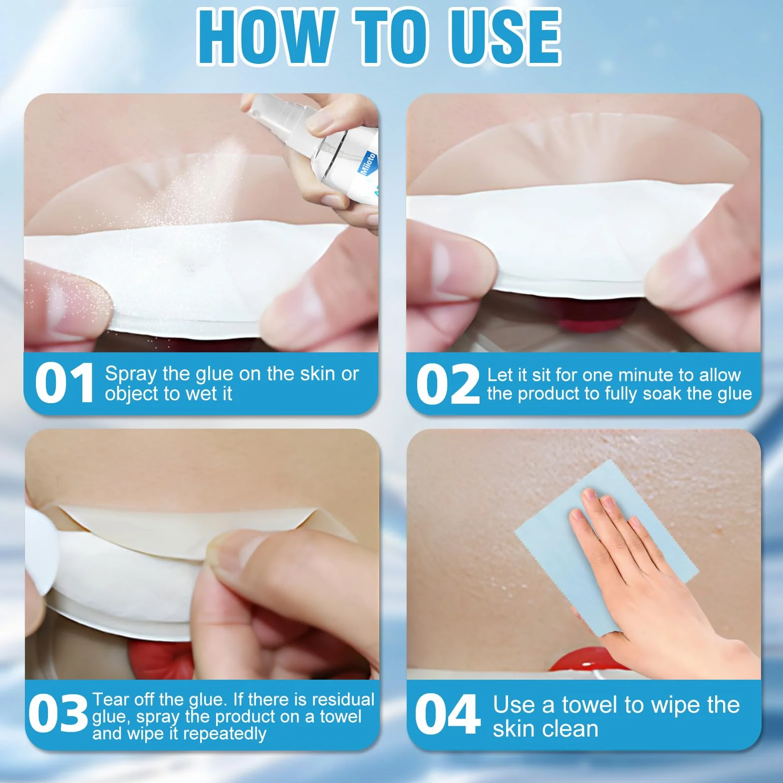 Miioto Plaster ze sprayem do usuwania plastrów medycznych, plastry do usuwania plastrów 60 ml + 12 x 12 cm, ręcznik, spray do usuwania plastrów szybko rozpuszcza się, można go łatwo usunąć