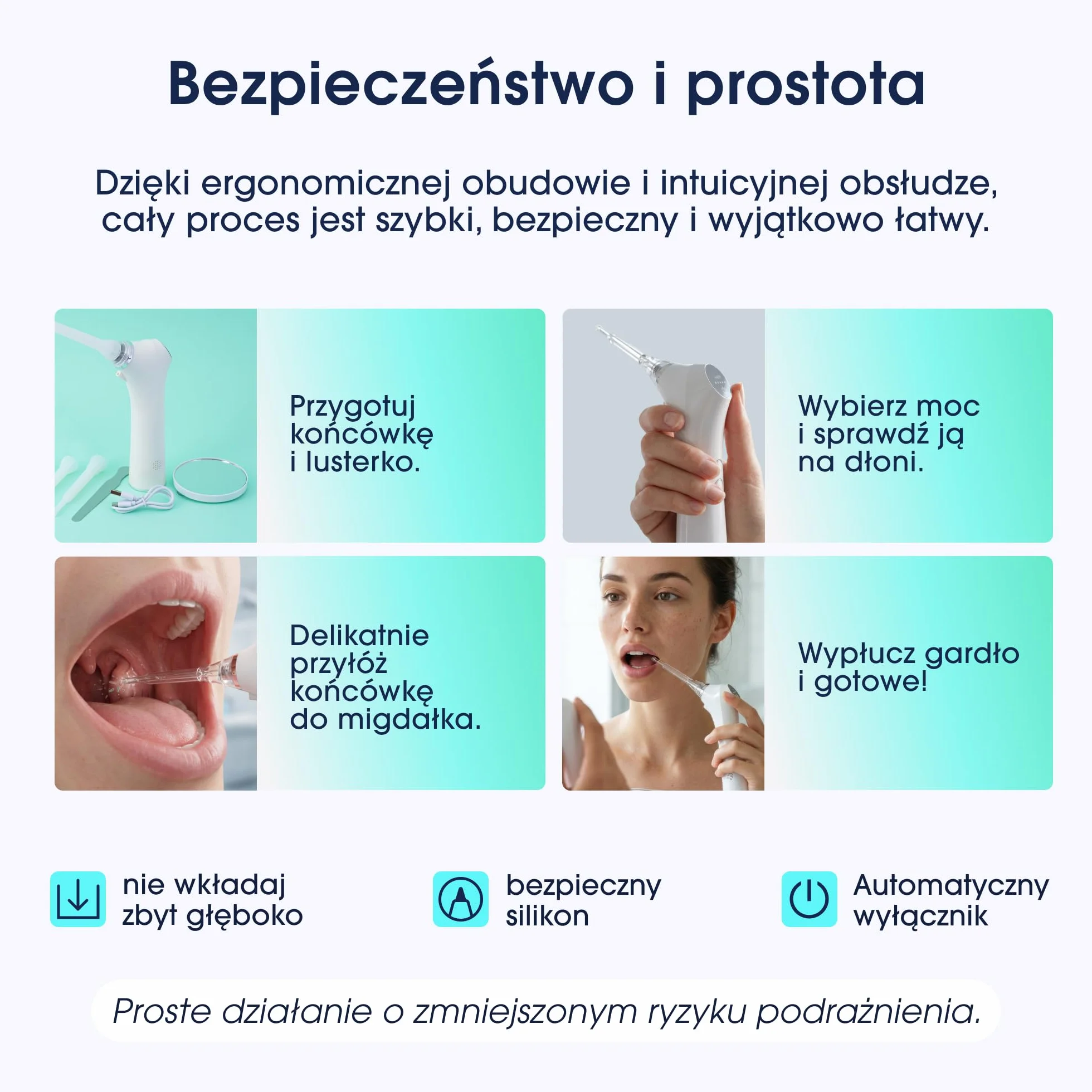 ZENT TonsilCare Urządzenie do usuwania czopków kamieni migdałkowych, Czyszczenie śluzu z gardła, Bezprzewodowe, 3 Poziomy mocy, 3 Silikonowe końcówki, Podświetlenie LED, Ciche działanie
