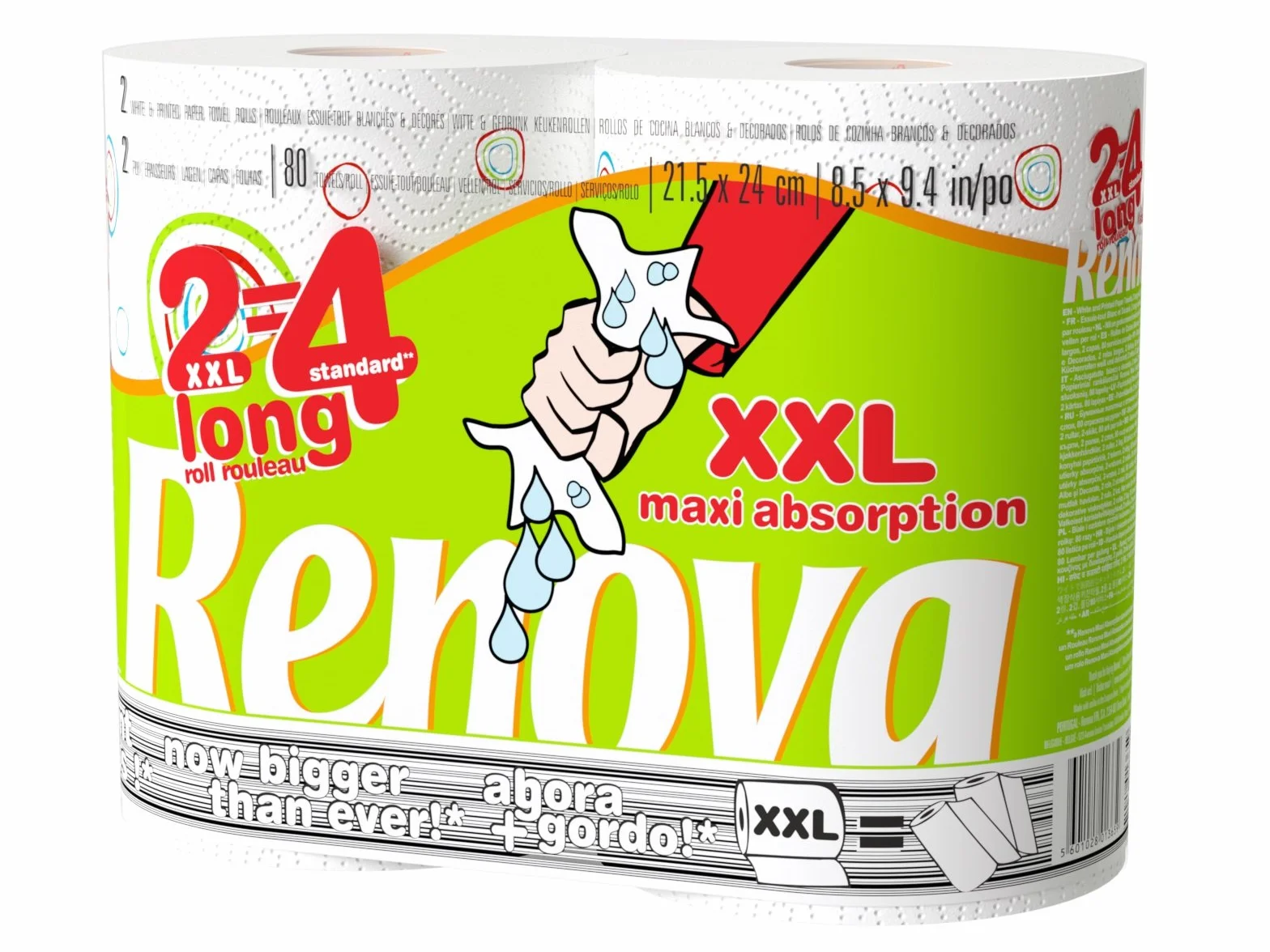 Renova Rolka kuchenna Max Absoption XXL, 24 podwójne rolki równoważne 48 rolek standardowych, zdobione rolki, absorbujące Maxi