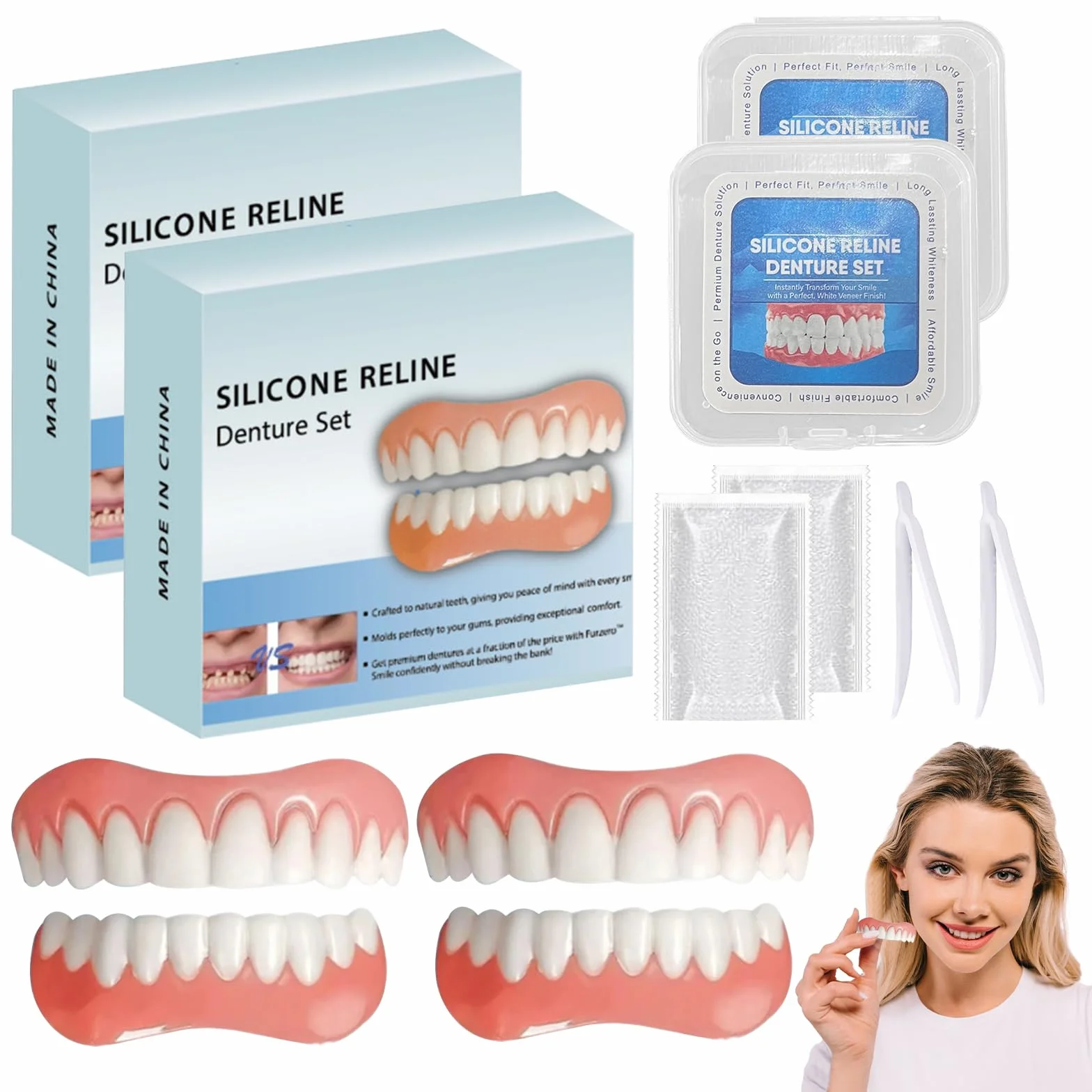 2 sztuki protez zębowych do nakładania Naturalne i przyjemne w noszeniu Veneers Silicone Reline Zestaw protez dla mężczyzn i kobiet Nadaje się do uzyskania pewnego siebie uśmiechu