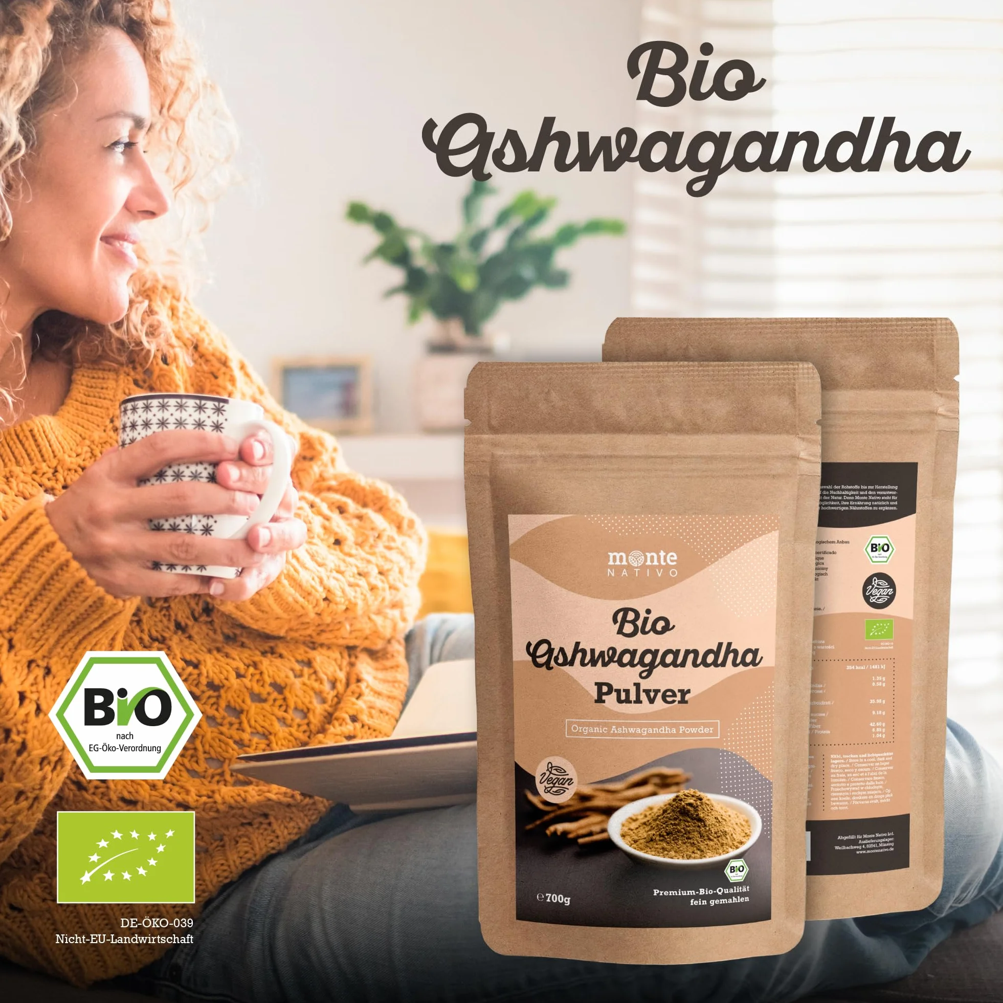 Monte Nativo Organiczny Proszek z Witani Ospałej 700g Żeń-szeń indyjski Zimowa wiśnia Withania Somnifera