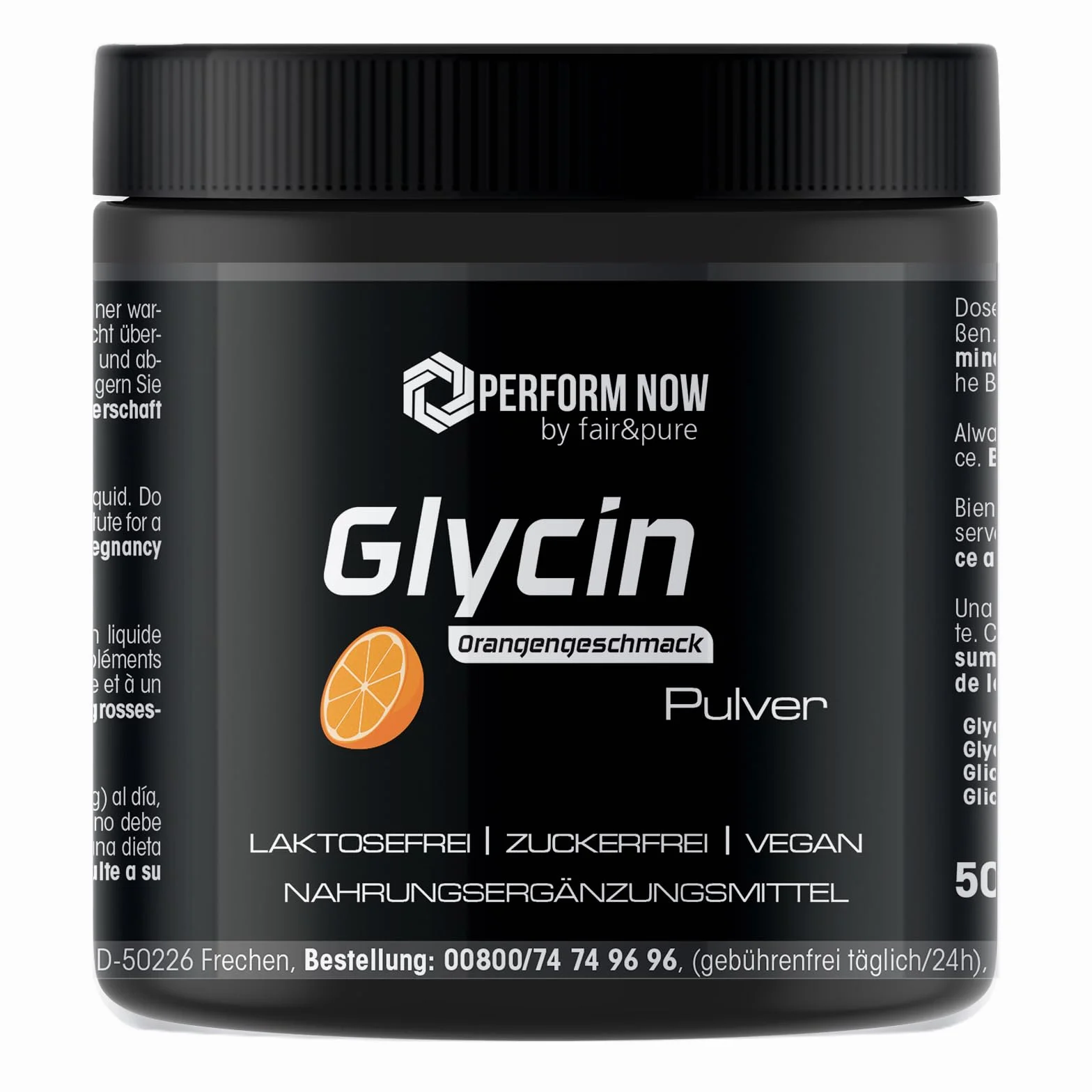 Glicyna w proszku - 500g - o smaku pomarańczowym - aminokwas - optymalna wysoka dawka - niemiecka jakość produkcji | PERFORM NOW by fair&pure®