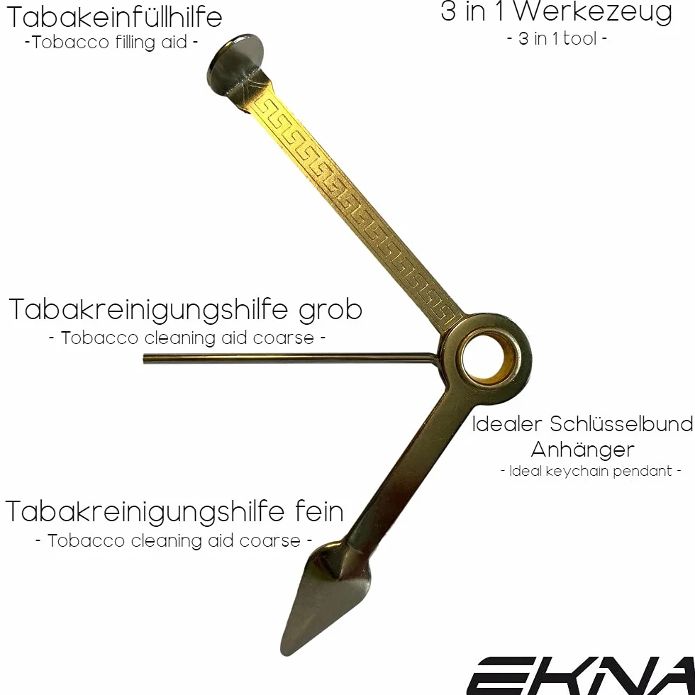 EKNA Zbijacz do fajki ze stali nierdzewnej - czyścik i popychacz, akcesoria do fajek, szlachetne 3-częściowe + naklejka EKNA (srebrna)