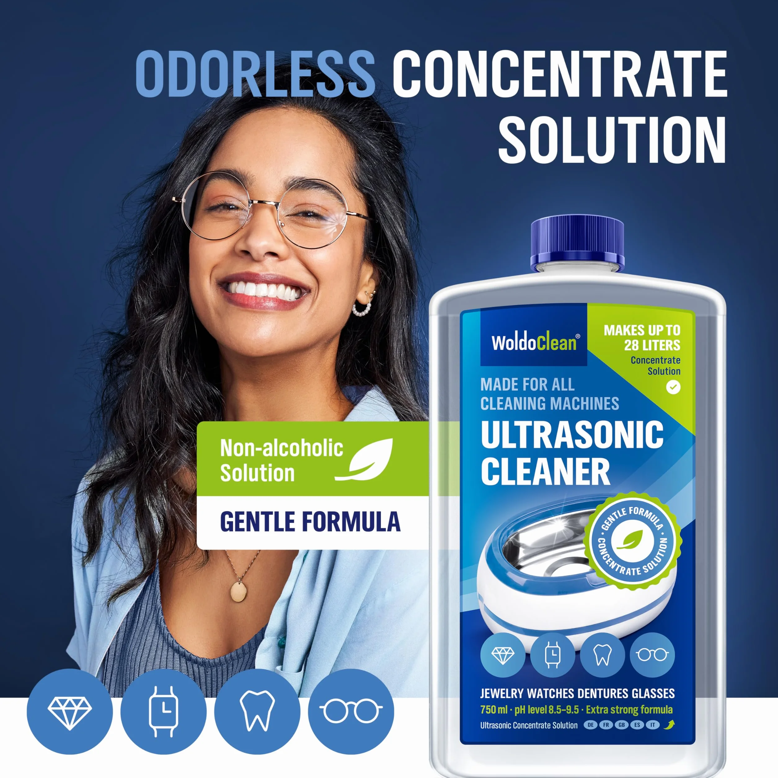 WoldoClean Koncentrat do Myjek Ultradźwiękowych 750ml - Płyn Bezalkoholowy do Okularów, Biżuterii, Protez, Monet & Gaźników