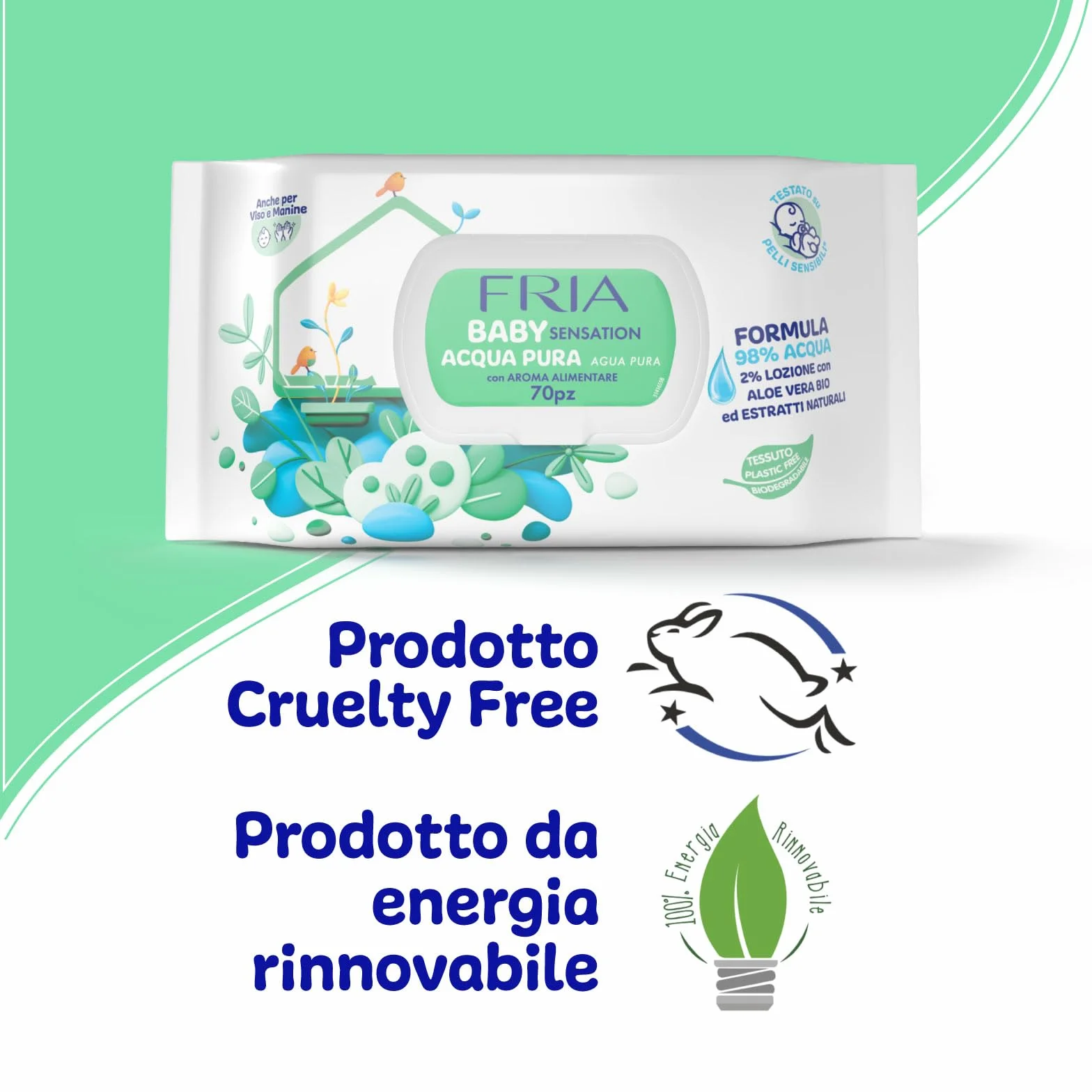 Fria Baby Sensation czysta woda Chusteczki do zmiany pieluch, formuła z 98% oczyszczoną wodą o działaniu oczyszczającym skórę, testowane dermatologicznie, 70 chusteczek