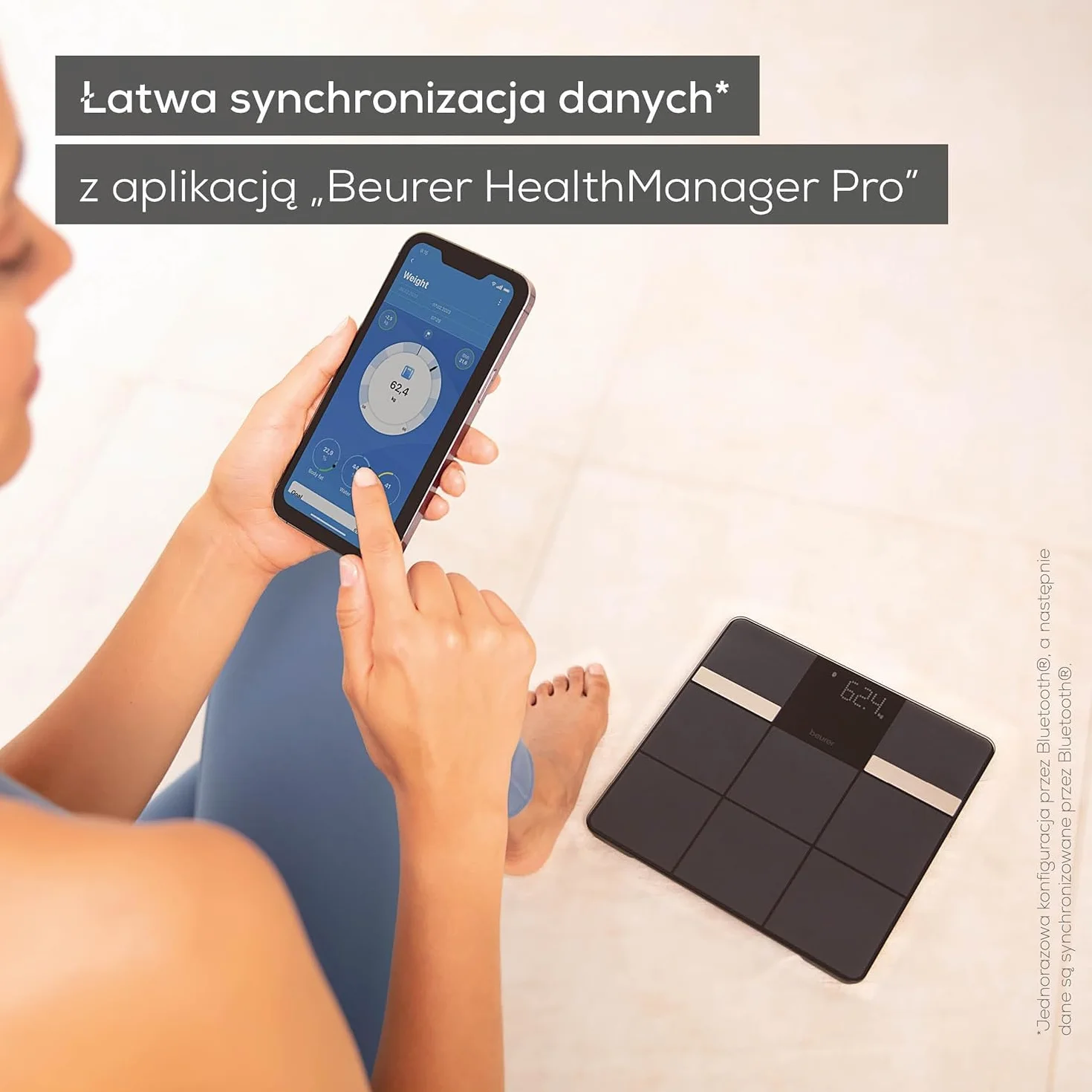 Beurer BF 450 waga osobowa z łącznością z aplikacją, cyfrowa waga do pomiaru tkanki tłuszczowej z 17 wartościami pomiarowymi, matowa struktura płytek, 8 pamięci użytkowników, 180 kg