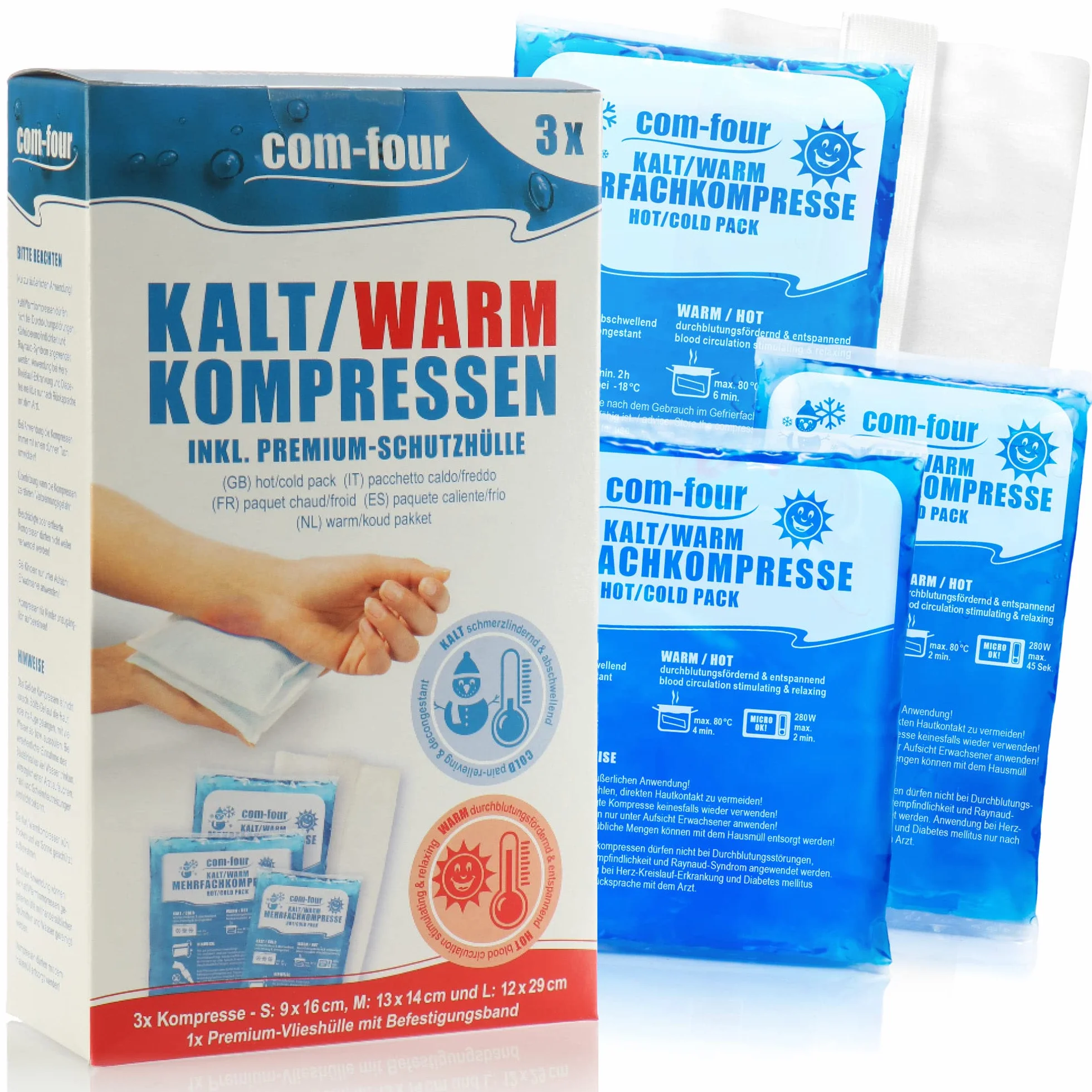 COM-FOUR® 3x kompresy w 3 róznych rozmiarach z oslona, kompresy na zimno i cieplo - opakowanie ekonomiczne - nadaja sie do mikrofalówki - Made in Germany (3 kawalki)