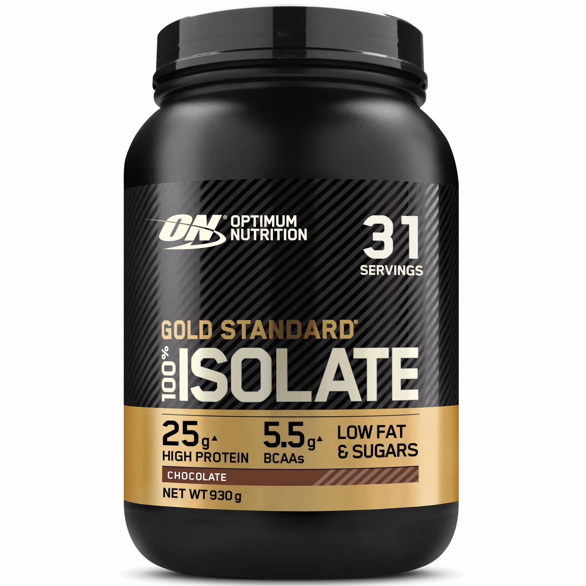 Optimum Nutrition ON Gold Standard 100% Isolate, 100 % Izolat Białka Serwatkowego, BCAA i Glutamina, Przed i po treningu, Smak Czekolada, 31 Porcji, 930 g