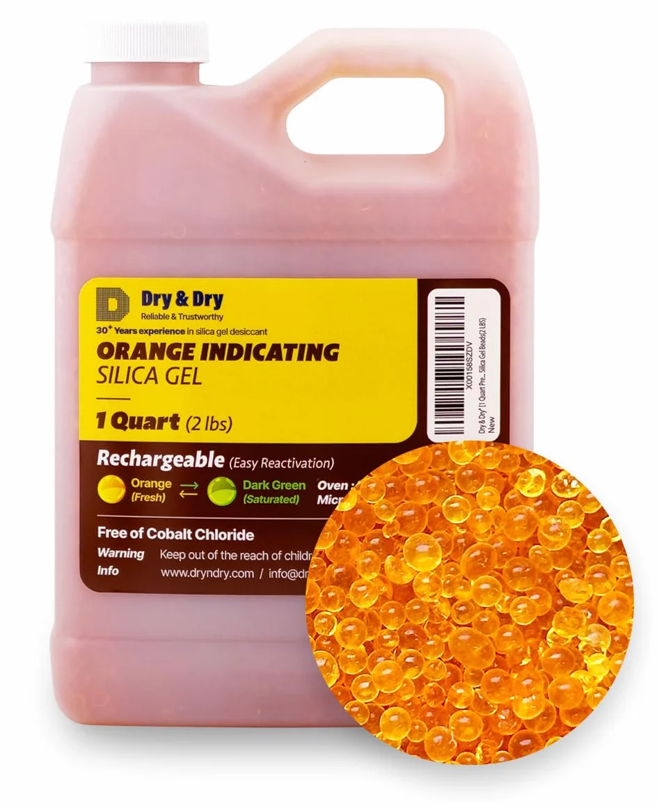 Dry & Dry Pomarańczowe koraliki osuszające z żelu krzemionkowego o pojemności 1 l (standard przemysłowy 2–4 mm) – akumulatorowe koraliki z żelu krzemionkowego (0,9 kg)