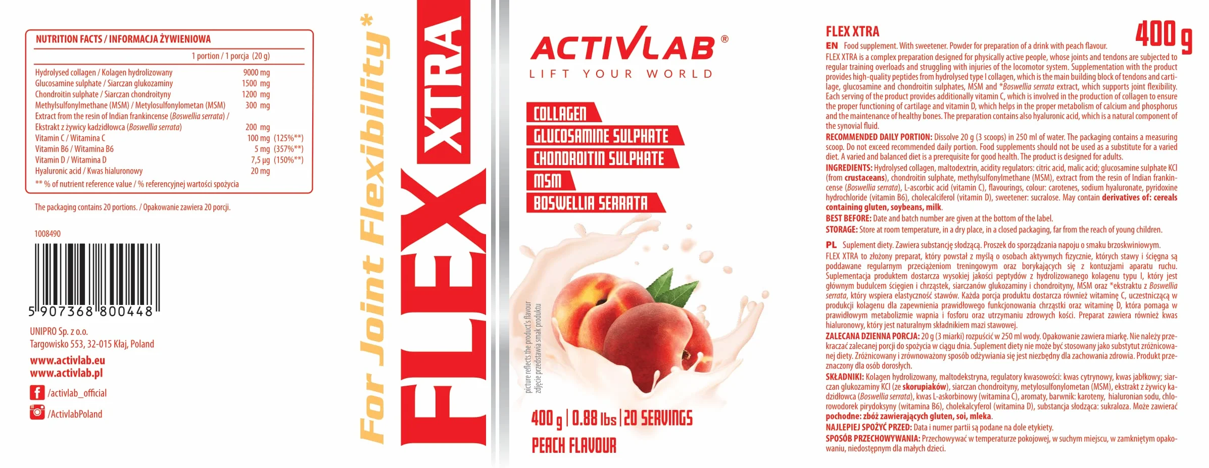 Activlab FLEX Xtra 400g Kolagen Typ I Glukozamina MSM Witamina C B6 D Hyaluronian Dla Stawów