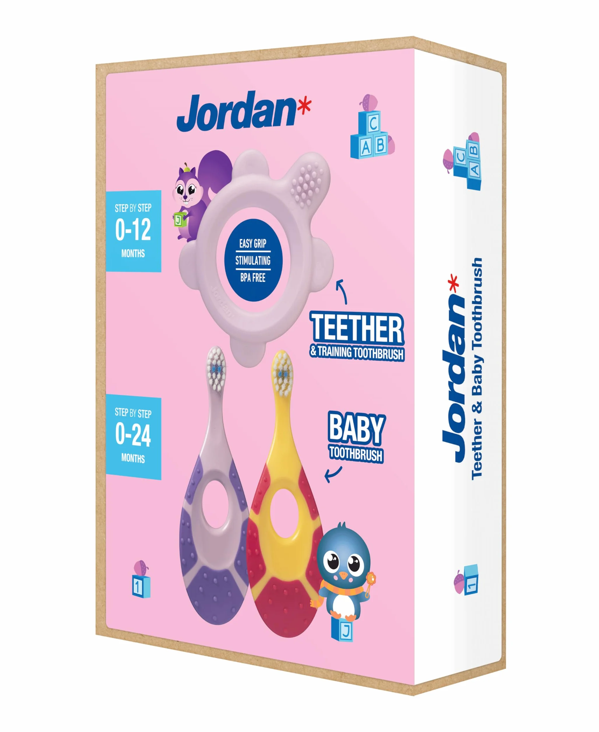 Jordan* | Step 0 Gryzak i szczoteczka do zębów treningowych | bez BPA, higieniczna, 2 w 1 rozwiązanie do ząbkowania i wczesnego szczotkowania dla niemowląt | różowa | 1 gryzaki + 2 szczoteczki do