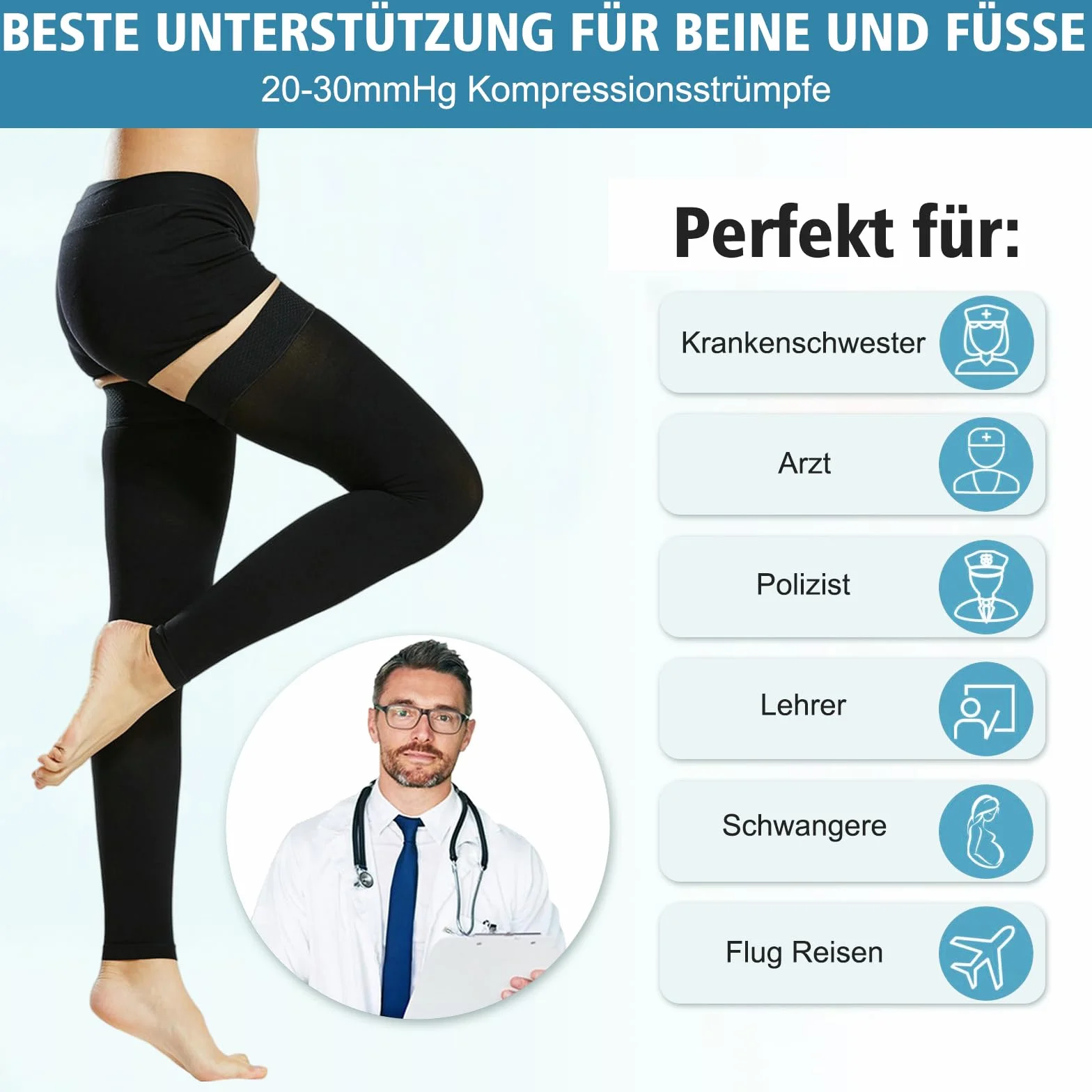 Medyczne pończochy uciskowe dla kobiet i mężczyzn, 20-30 mmHg, klasa II uda, długie skarpety uciskowe, podkolanówki bez stóp, z silikonowym paskiem do stopniowego wsparcia żylaków