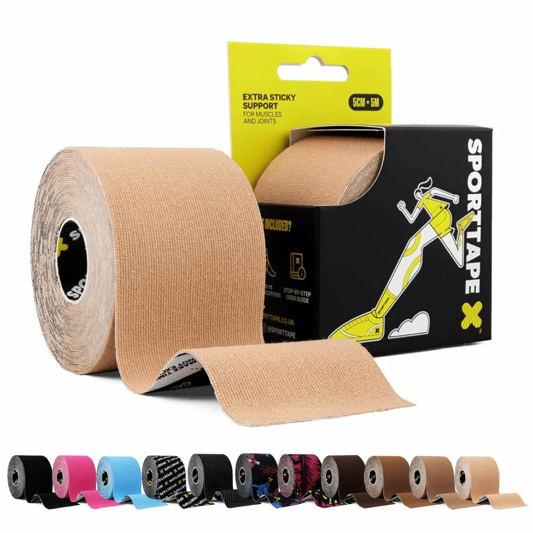 SPORTTAPE Taśma kinezjologiczna, beżowa, 5 cm x 5 m, taśma kinezjologiczna i taśma sportowa w przypadku urazów i bólów, elastyczna, hipoalergiczna taśma fizjologiczna, wodoodporna taśma kinesioTape