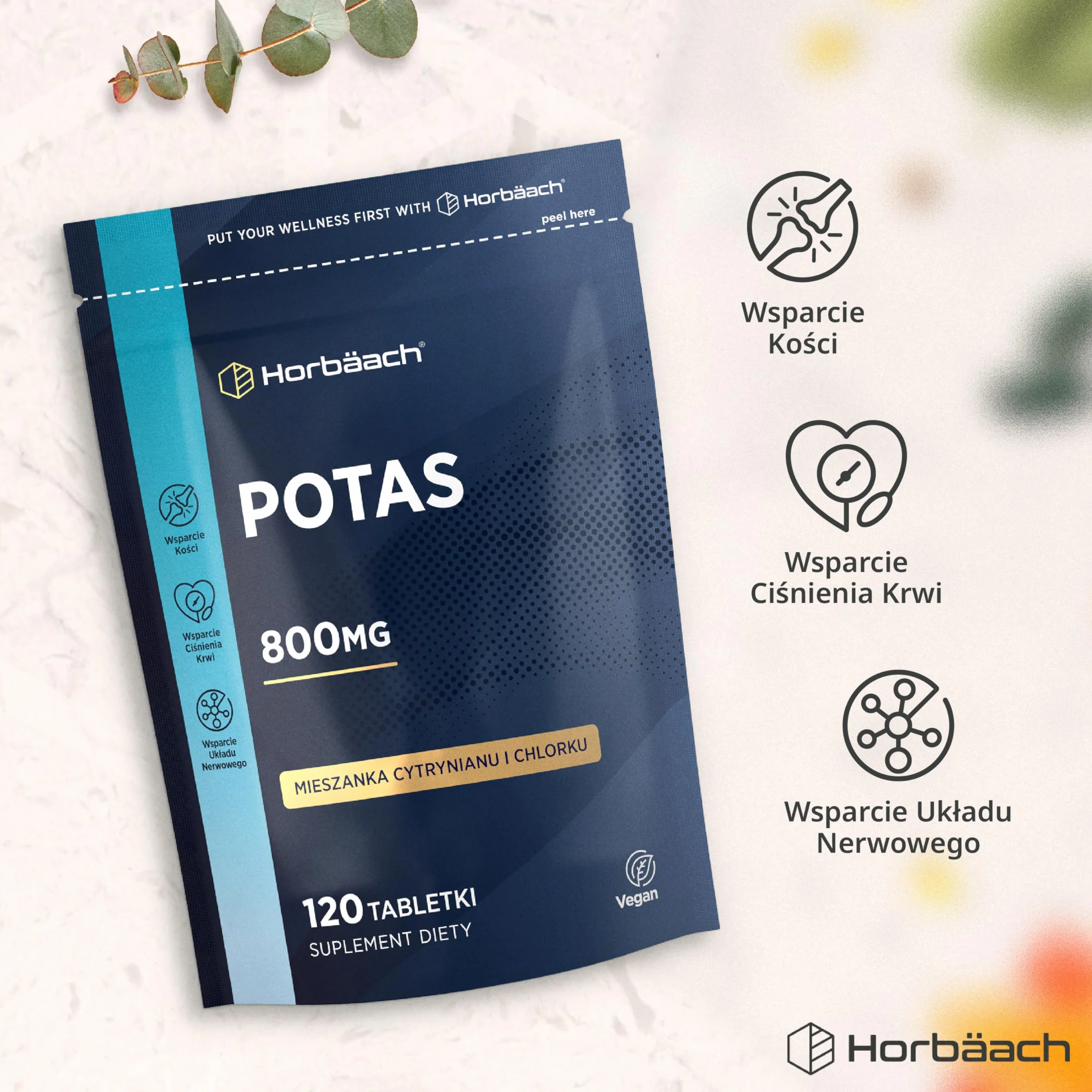 Potas Tabletki 800mg | Wysoka Dawka Cytrynianu Potasu | 120 Tabletek Wegańskich | Do Ciśnienia Krwi, Funkcji Mięśni i Układu Nerwowego | firmy Horbaach