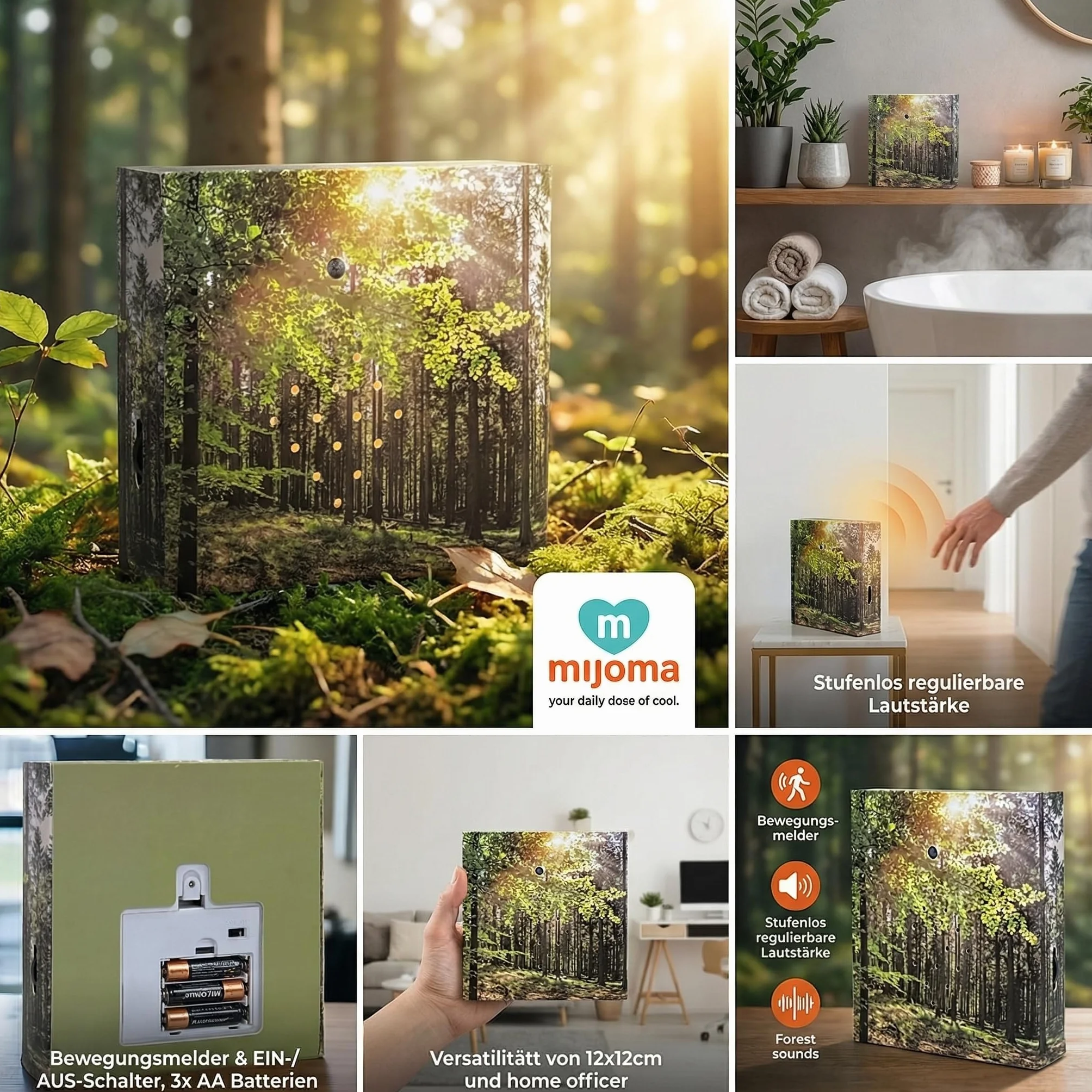 MIJOMA Soundbox z śpiewem ptaków i leśną scenerią – kojący relaks w Twoim domu | głośnik, czujnik ruchu i przełącznik wł./wył. | idealny do łazienki, korytarza, biura i salonu | 12 x 12 cm (las)
