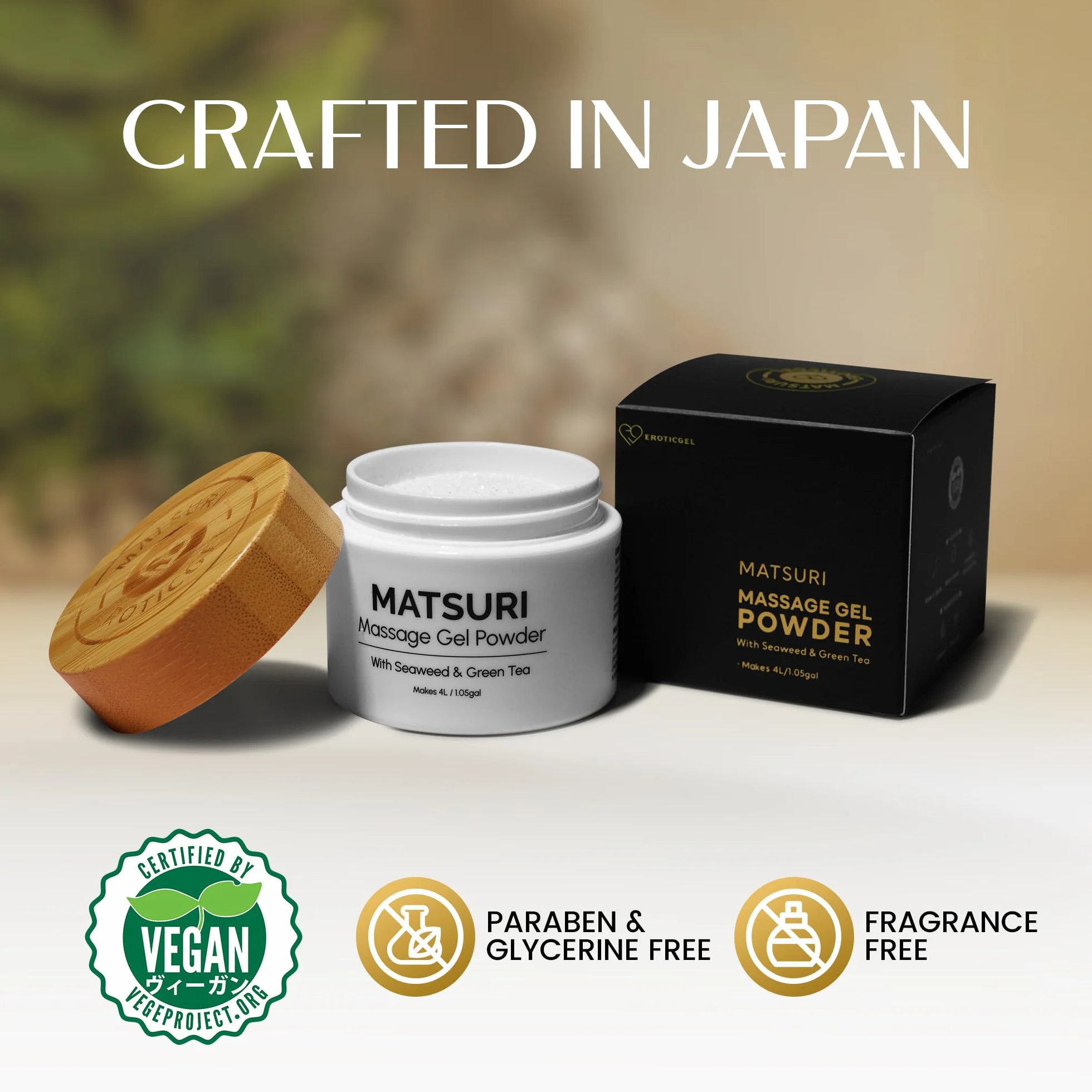 Erotic Massage Gel Powder 40g - Wykonane 4L/1.05 gal z wodorostów i zielonej herbaty. Wyprodukowano w Japonii, nie zawiera parabenów i gliceryny.