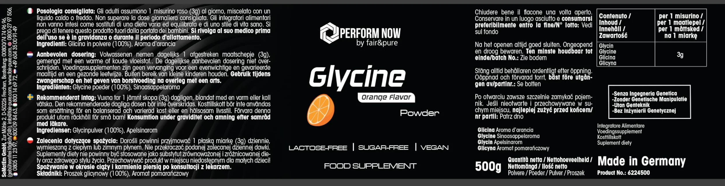 Glicyna w proszku - 500g - o smaku pomarańczowym - aminokwas - optymalna wysoka dawka - niemiecka jakość produkcji | PERFORM NOW by fair&pure®