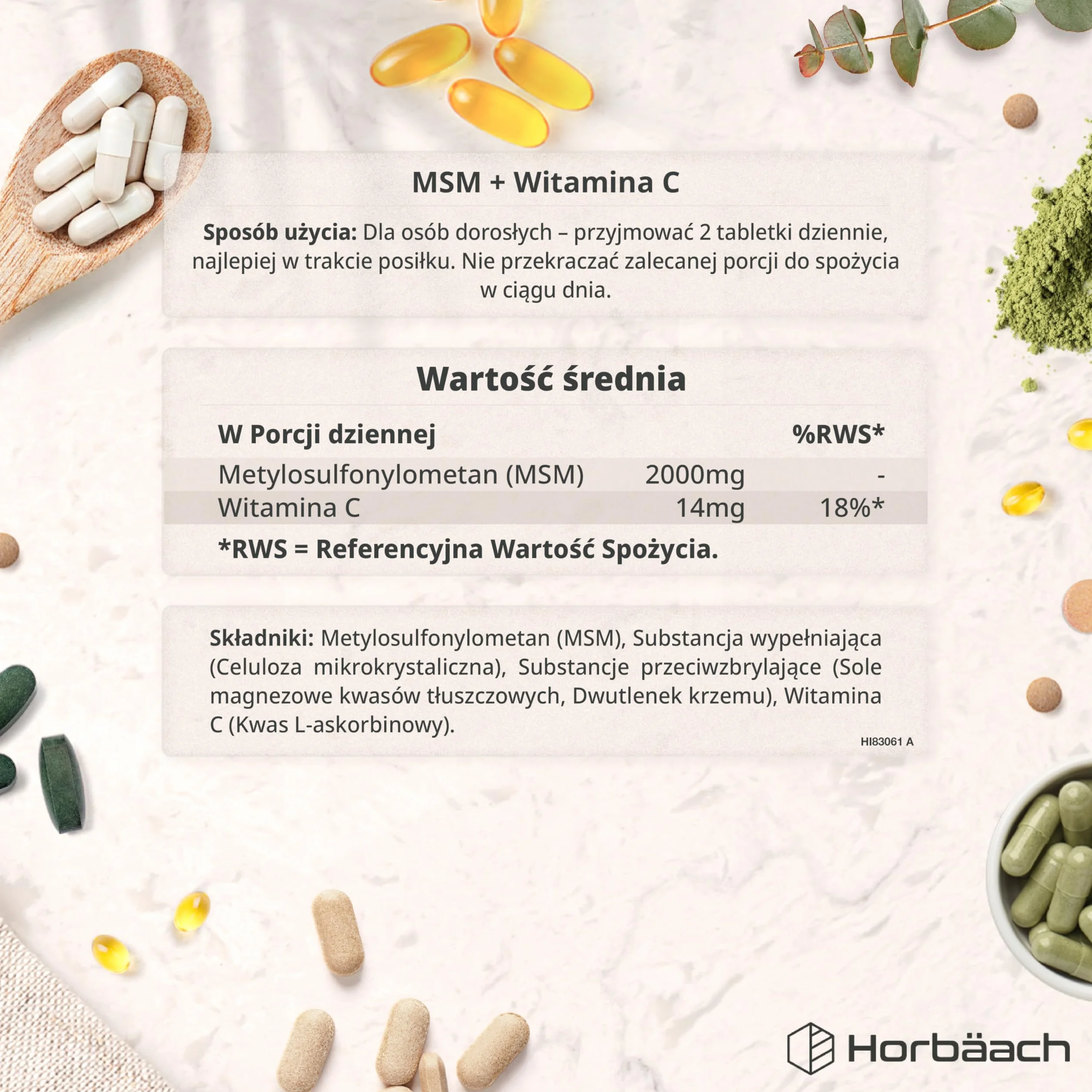 MSM Suplement 2000mg z Witaminą C | Wysoka dawka Metylosulfonylometanu (MSM) z Wit. C | 365 Wegańskich Tabletek | Firma Horbaach
