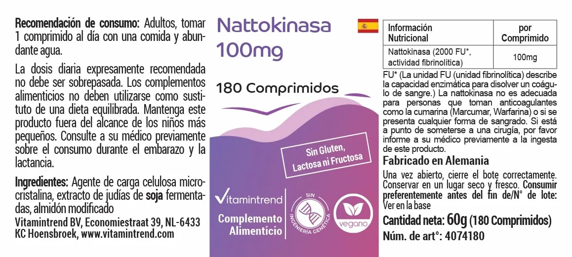 Vitamintrend Nattokinase 100mg, 180 tabletek po 100mg (21.800 FU/g), wysoka dawka, wegański, bez stearynianu magnezu, wyprodukowany w Niemczech