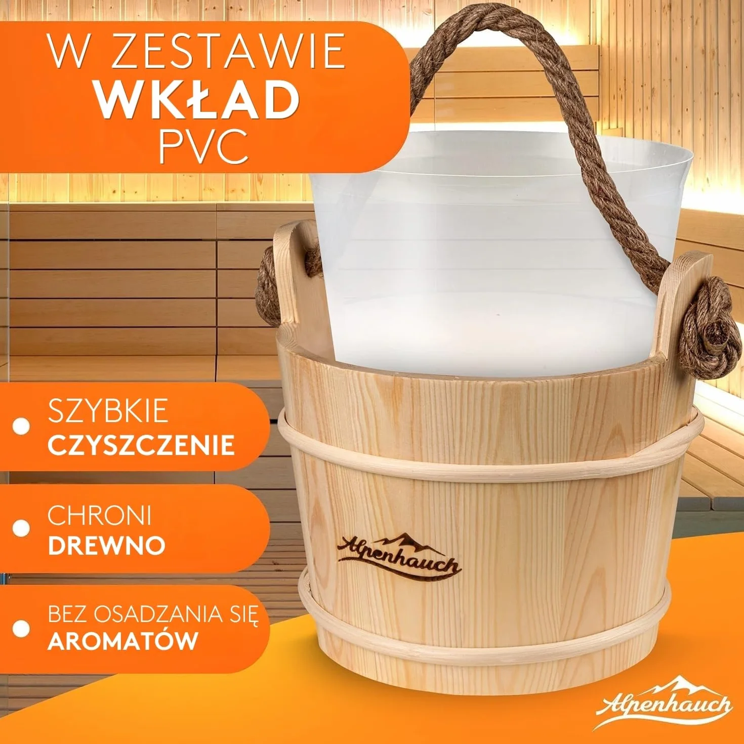 ALPENHAUCH Wiadro do sauny z chochlą [100% naturalne drewno] – eleganckie wiadro do sauny z klepsydrą i termometrem – trwałe akcesoria do sauny – zestaw wiader do nalewania z chochlą, klepsydrą i