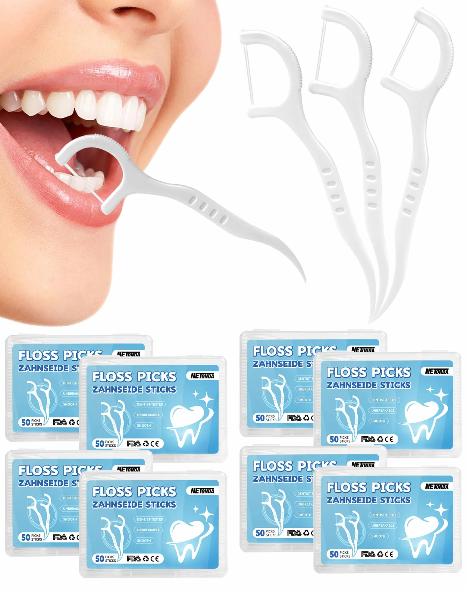 Nić dentystyczna w sztyfcie, 400 sztuk, 3 x czyszczenie zębów, nić dentystyczna, patyczki do pielęgnacji zębów 3 w 1, wykałaczki, skrobak na język, zapobiega nieświeżemu oddechowi i do usuwania płytki