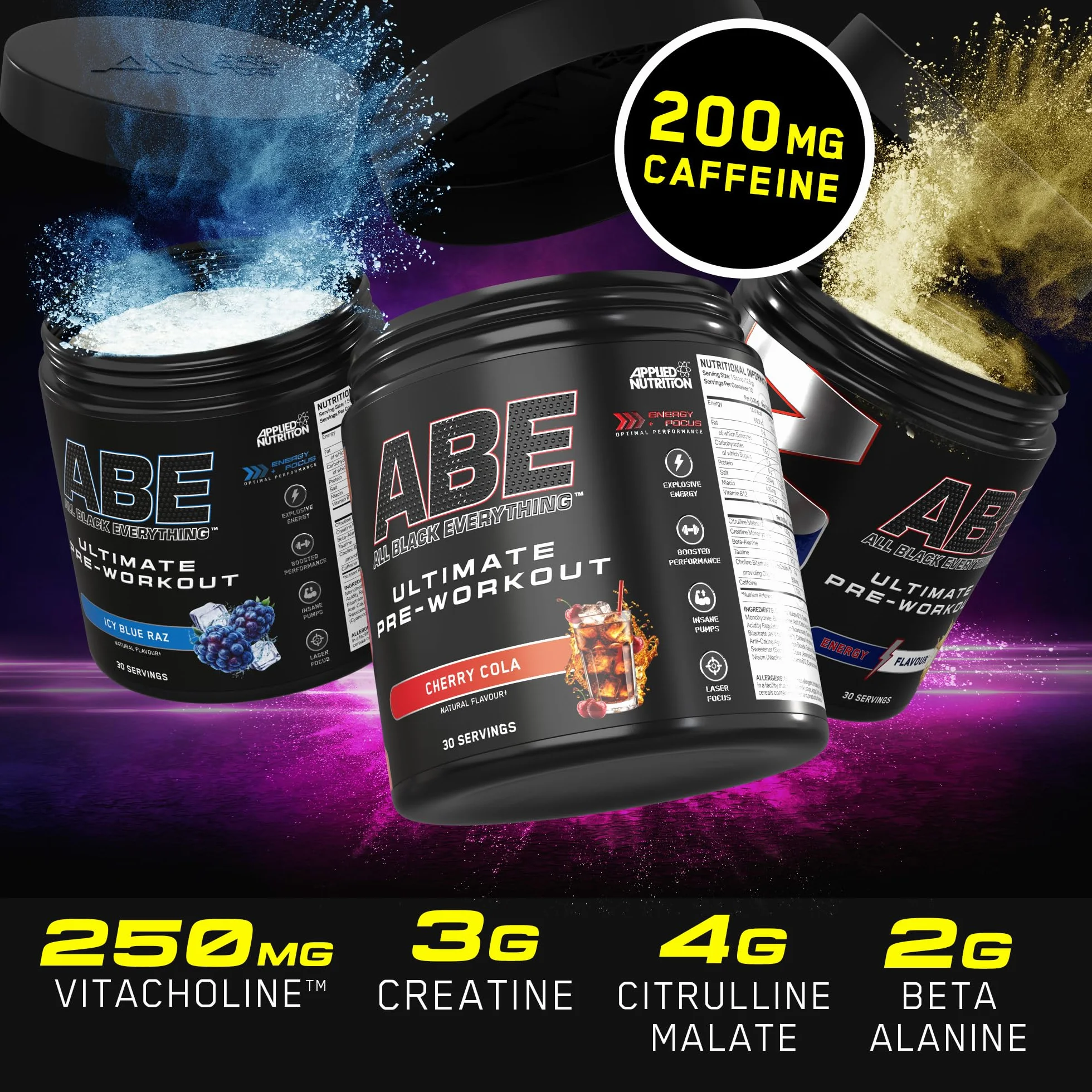 Applied Nutrition ABE Pre Workout - All Black Everything Pre Workout Powder, Energia i Wydolność Fizyczna z Cytruliną, Kreatyną, Beta-Alaniną (Energy Flavour, 375g - 30 porcji)