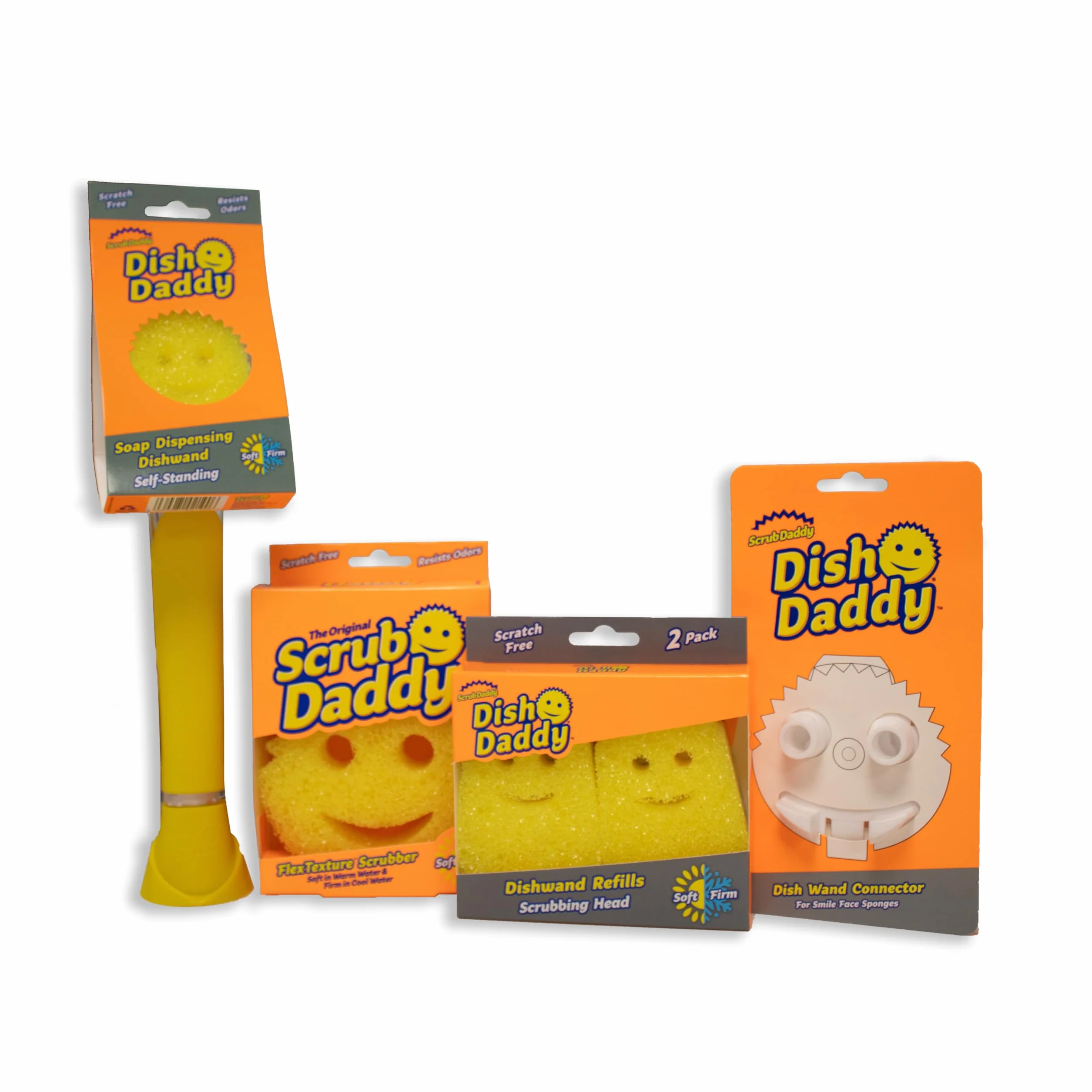 Scrub Daddy Szczotka do mycia naczyń z uchwytem na mydło, głowice uzupełniające, gąbka i głowica łącznika, zmieniająca teksturę gąbka do mycia naczyń z uchwytem w płynie, wbudowany skrobak, żółty