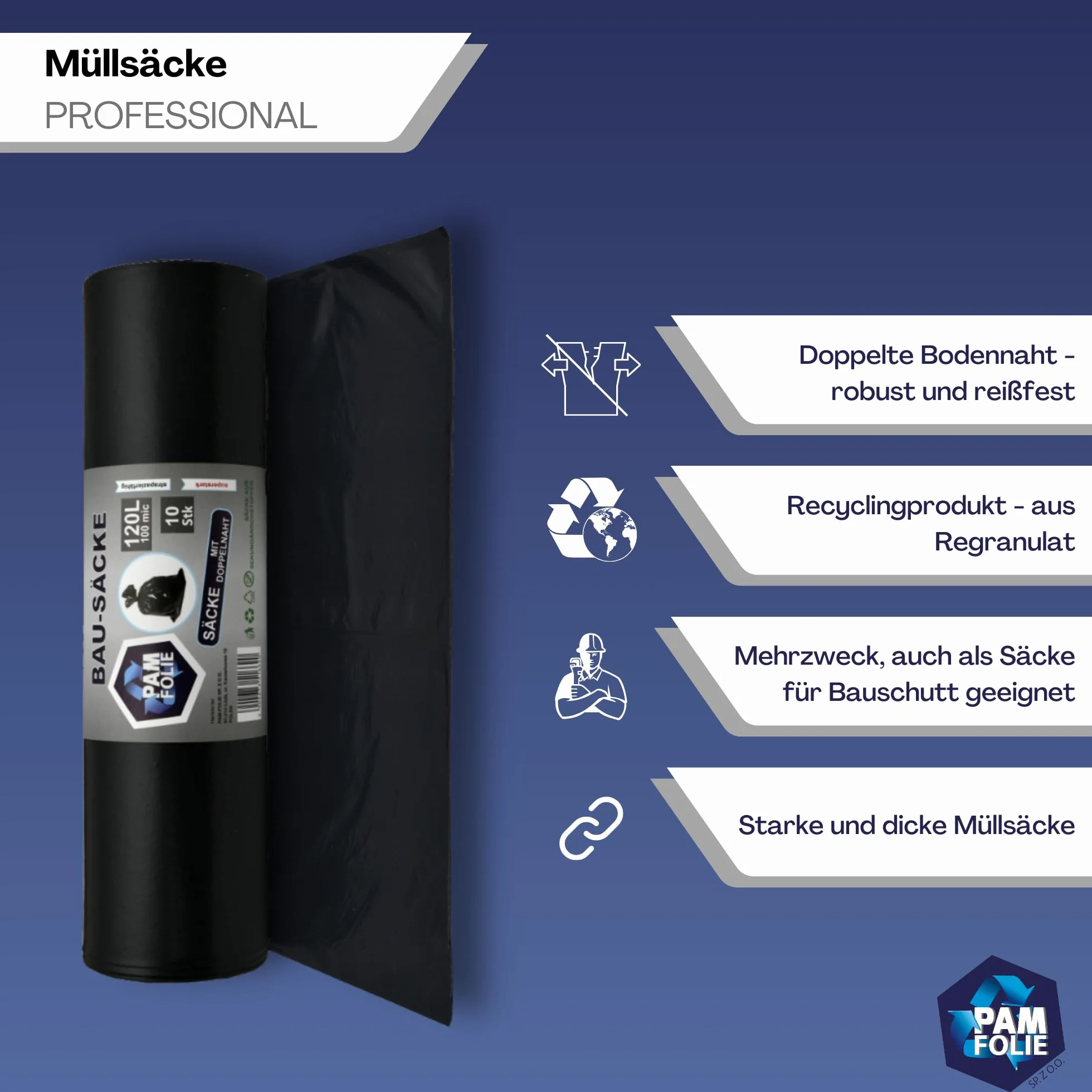 Worki na śmieci 120L - 10 sztuk - Bardzo grube, wytrzymałe worki na śmieci, Professional - 110x70cm - 100µm - czarne worki na śmieci - worki na gruz - worki na odpady gruzowe