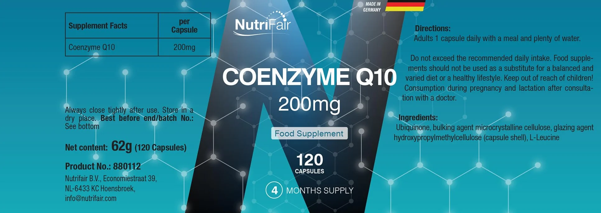 Koenzym Q10 200mg – 120 kapsułek – 200mg na kapsułkę – ubichinon – wysokie stężenie – w 100% wegański – produkcja niemiecka i badania laboratoryjne – NutriFair | Premium & Fair