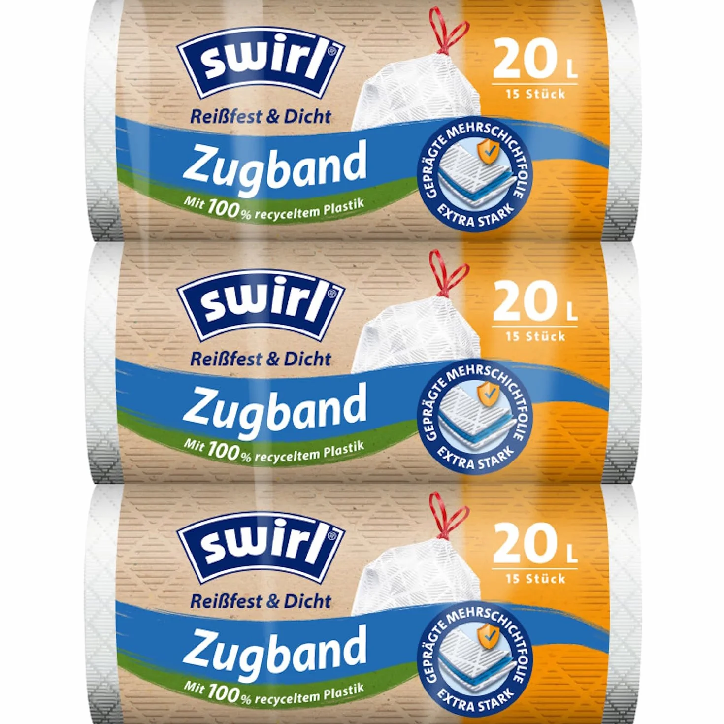 Swirl Odporne na rozdarcia i szczelne worki na śmieci ze sznurkiem ściągającym, 20 l, 3 sztuki w opakowaniu zbiorczym z 45 workami, bardzo mocne, odporne na kapienie