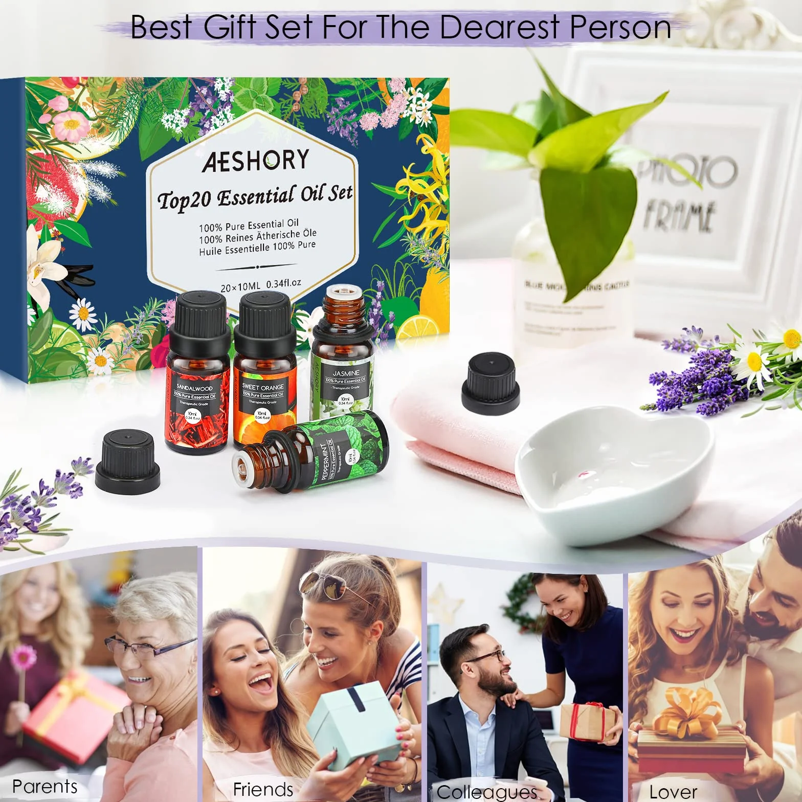 Aeshory Olejki Eteryczne Do Dyfuzorów 20 x 10 ml, 100% Naturalny Zestaw Olejków Zapachowych Do Aromaterapii Zestaw Upominkowy Z Olejkami Aromatycznymi Do Mydeł, Świec, Nawilżaczy, Spa, Masażu