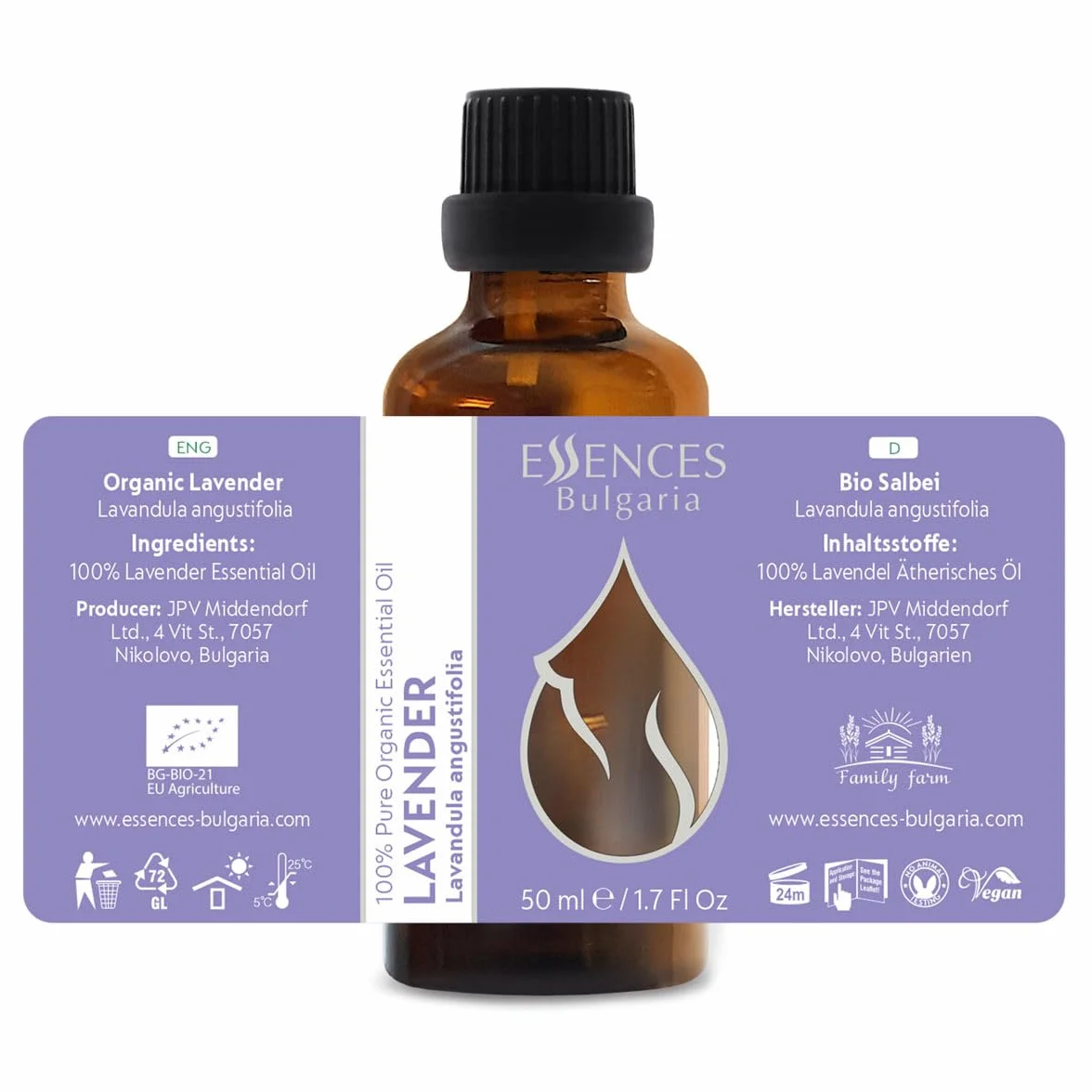 Essences Bułgaria Organiczny Olejek Eteryczny z Lawendy 50ml Lavandula angustifolia | 100% Czysty i Naturalny | Nierozcieńczony | Klasa terapeutyczna | Gospodarstwo rodzinne | Destylowany z parą wodną