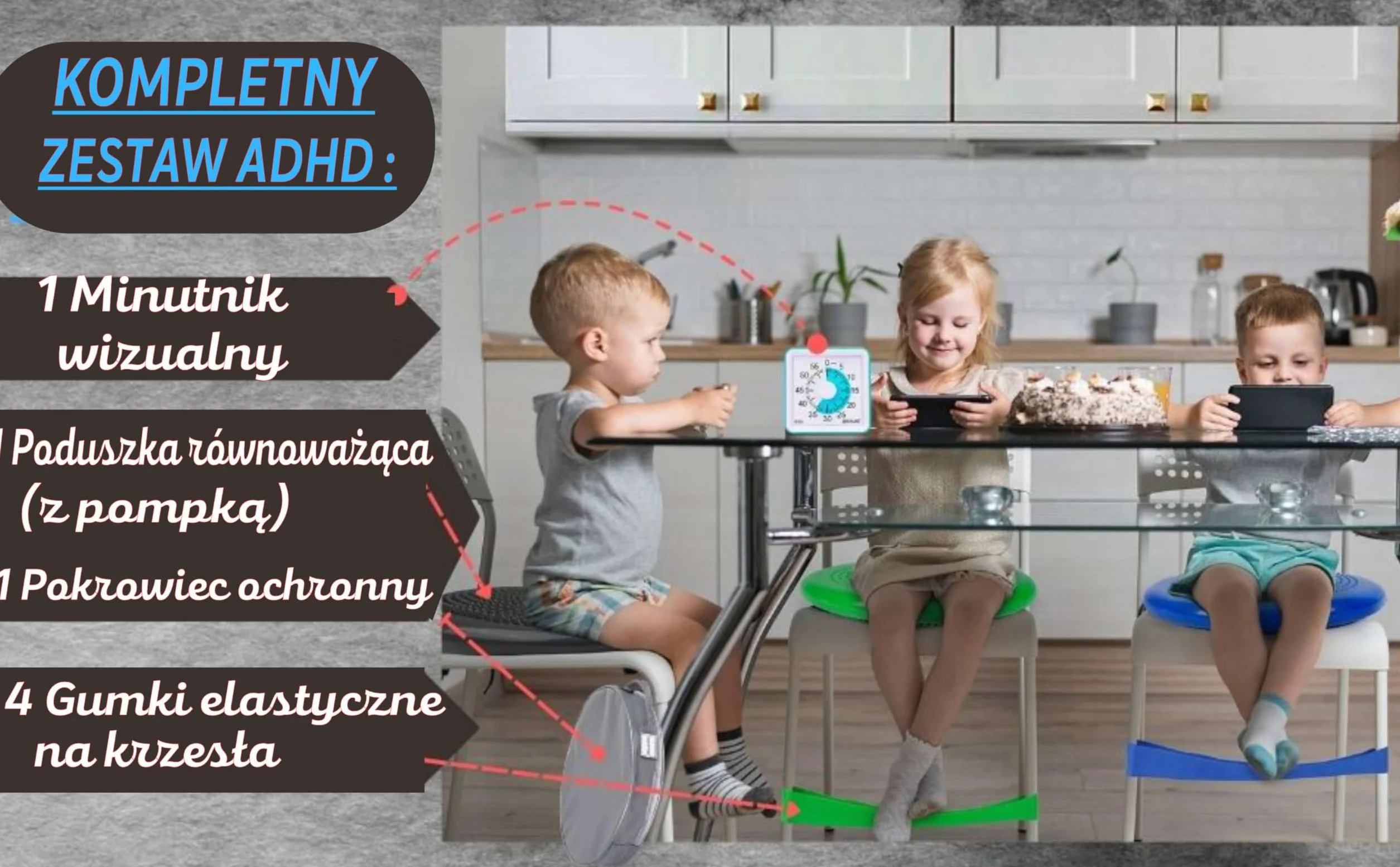 4 elastyczne taśmy na krzesło dla dzieci z ADHD, Gwarantowane skupienie i spokój, Bezpieczny materiał z naturalnego lateksu, eBook "ADHD u Dzieci" w zestawie