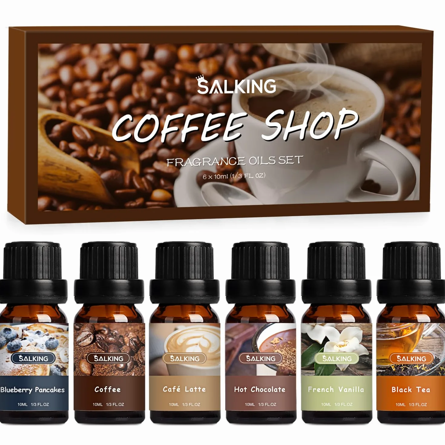 SALKING Café zestaw olejków eterycznych, zestaw prezentowy do aromaterapii, czyste olejki zapachowe do dyfuzora, lampy zapachowe, nawilżacz powietrza, 6 x 10 ml (naleśniki jagodowe, kawa, latte