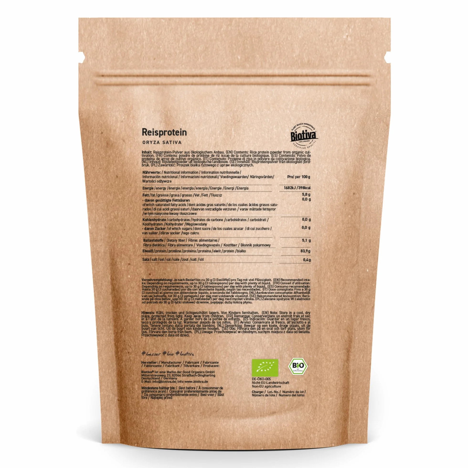 Białko ryżowe bio 80% białka 1kg – wegańskie źródło białka 1000g– bez dodatków – bez glutenu soi i laktozy – najwyższa jakość bio – napełnione i kontrolowane w Niemczech Biotiva