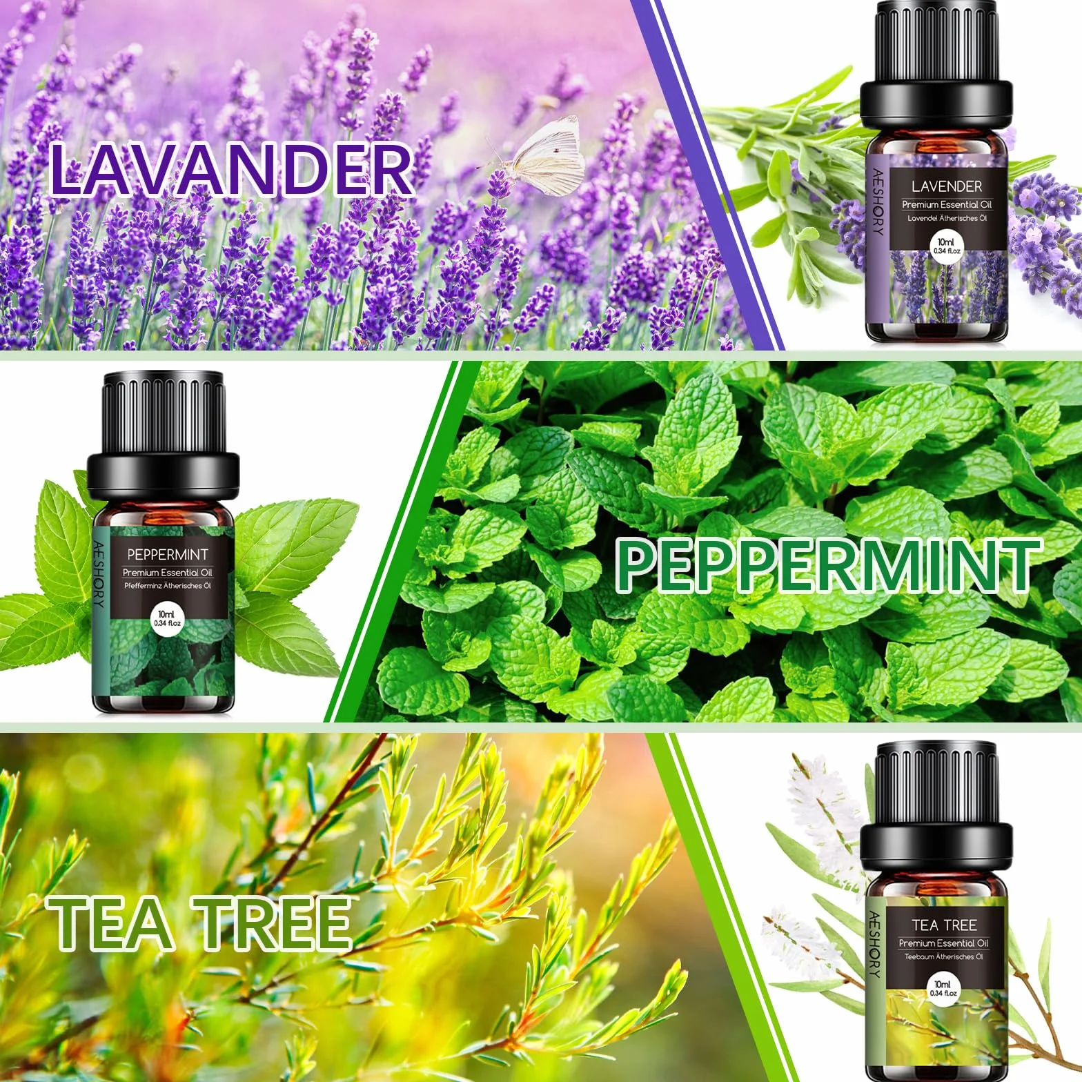 AESHORY Olejki Eteryczne Do Dyfuzorów 6 x 10ML, 100% Naturalny Zestaw Olejków Zapachowych Do Aromaterapii Do Mydła, Świec, Spa - Lawenda, Mięta, Drzewo Herbaciane, Słodka Pomarańcza, Eukaliptus