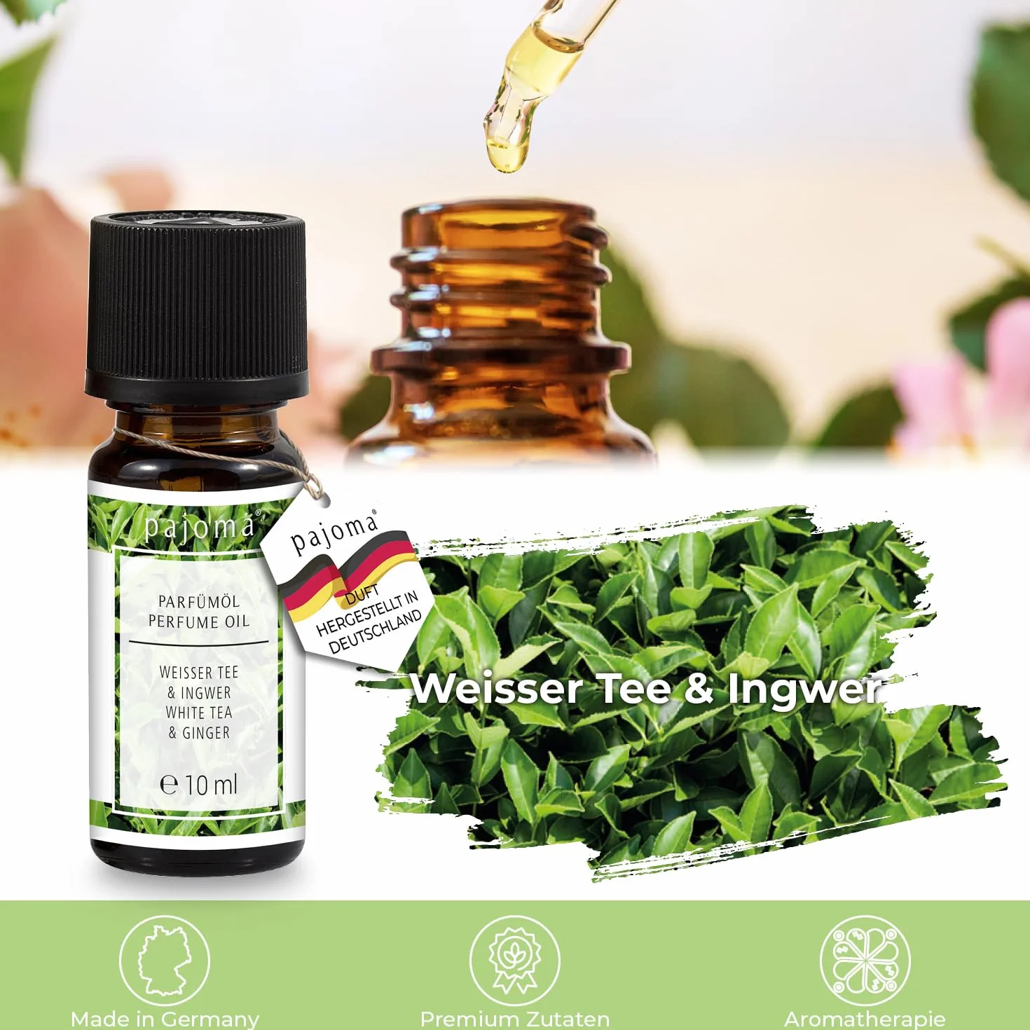 pajoma® Olejek zapachowy 10 ml, biała herbata i imbir | najlepsze olejki perfumowane do aromaterapii, lampy zapachowej, dyfuzora zapachowego, masażu, kosmetyków naturalnych | jakość premium