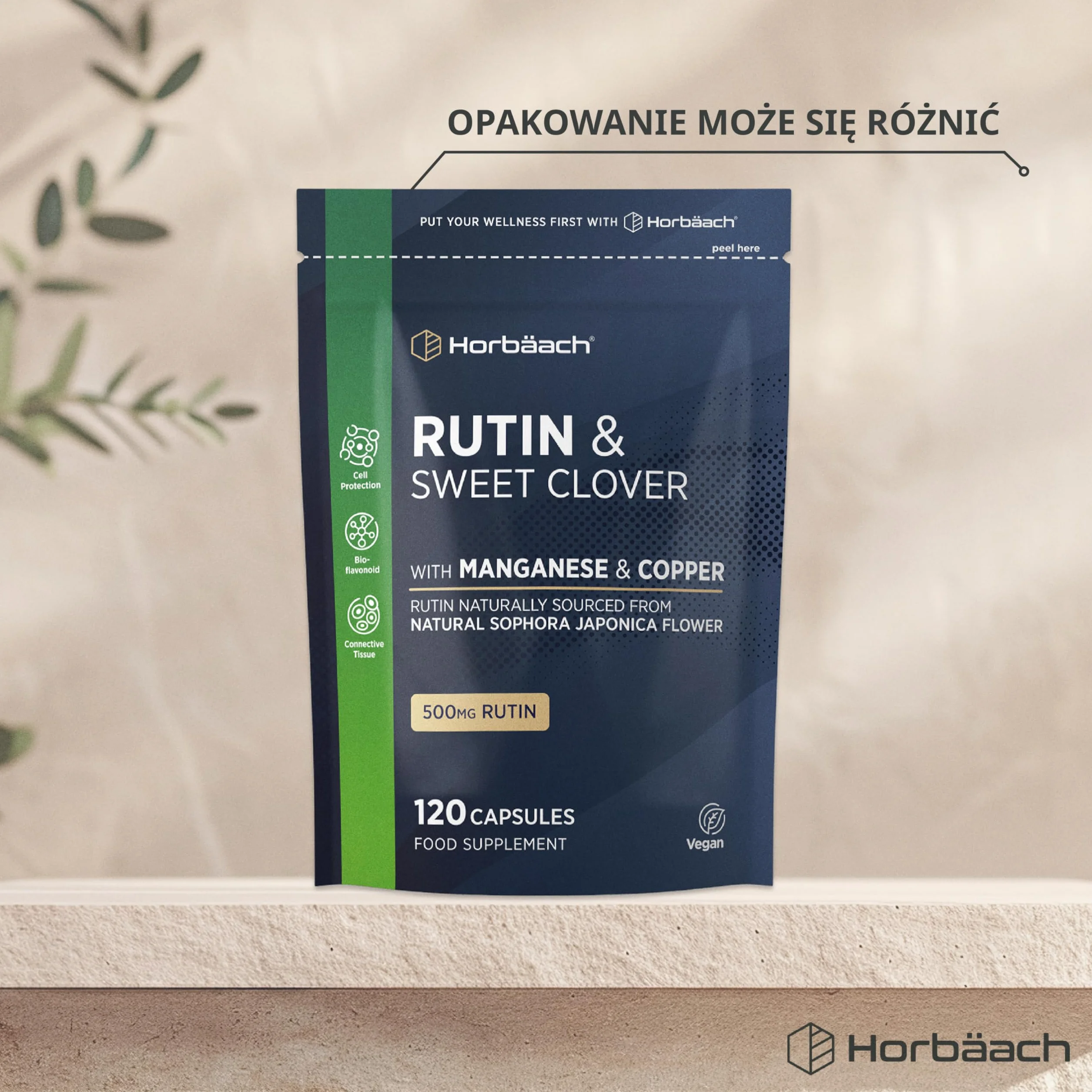 Rutyna 500mg z Nostrzykiem, Manganem i Miedzią | Rutyna Pozyskiwana z Naturalnego Kwiatu Japoniki | 120 Wegańskich Kapsułek | marki Horbaach