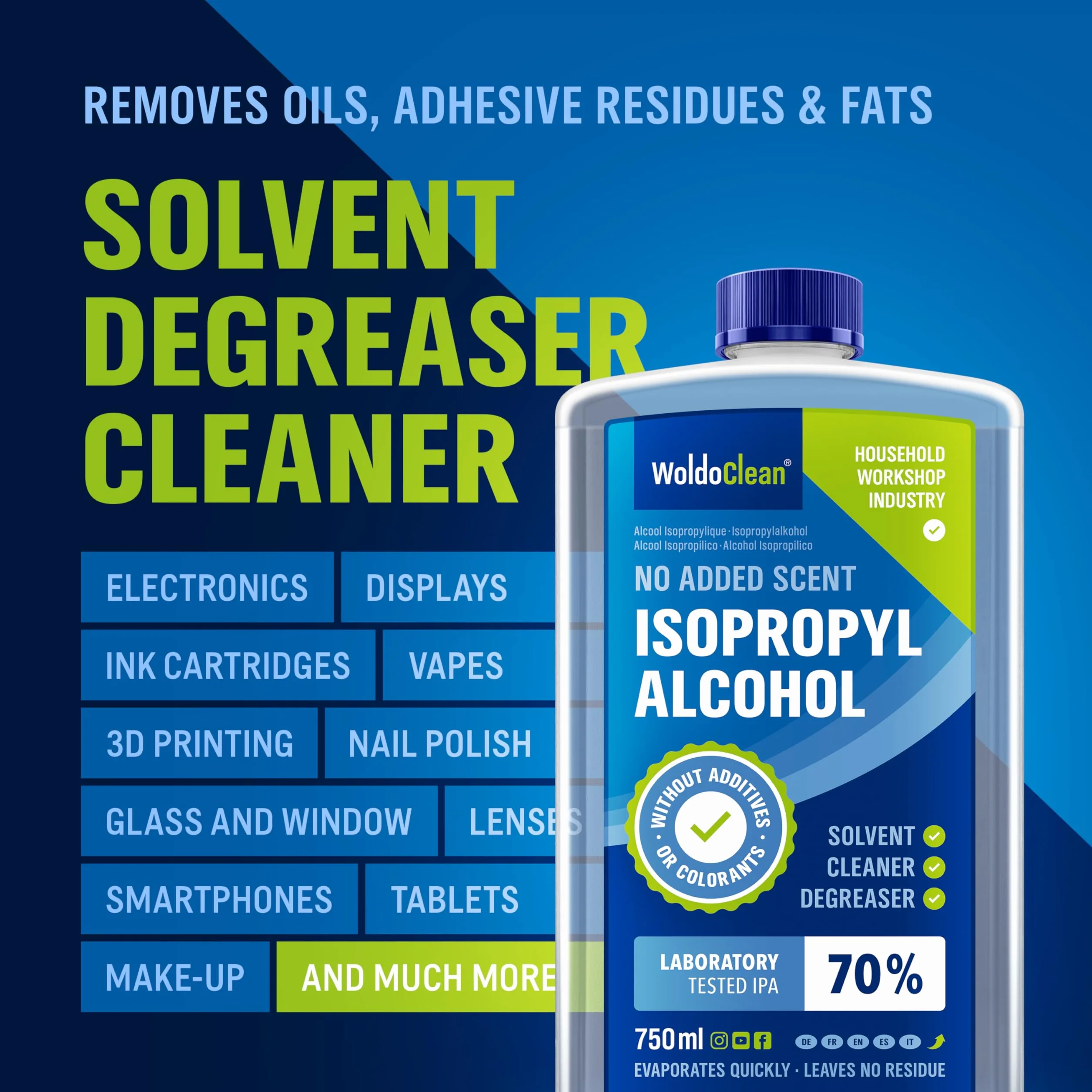 WoldoClean Alkohol izopropylowy 70% 750 ml – Środek czyszczący do elektroniki, szkła i gospodarstwa domowego, IPA, odtłuszczacz i rozpuszczalnik, nie pozostawia śladów