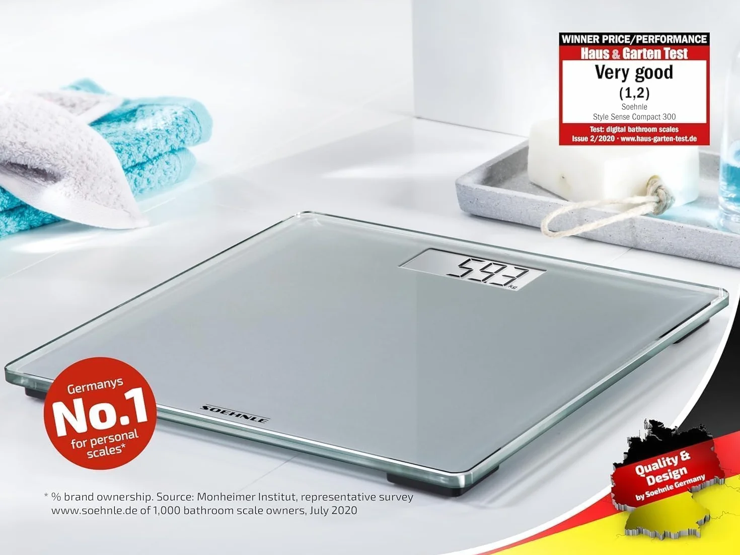 Soehnle Style Sense Compact 300, Kompaktowa Cyfrowa Waga Łazienkowa z Czytelnym Wyświetlaczem LCD, Bardzo Płaska
